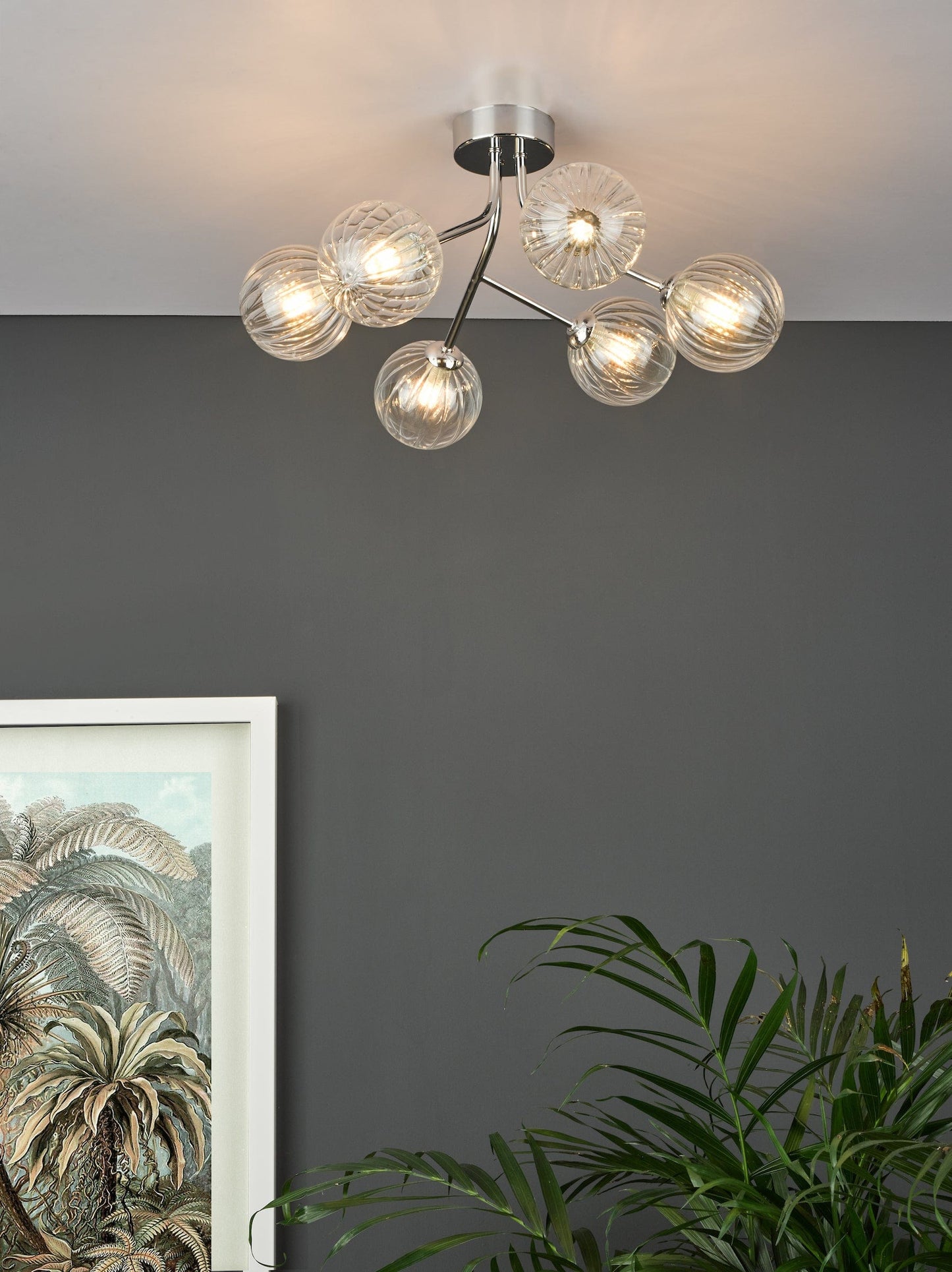 dar lighting Yiska 6 Light Semi Flush Polished Chrome Ribbed Glass YIS6450