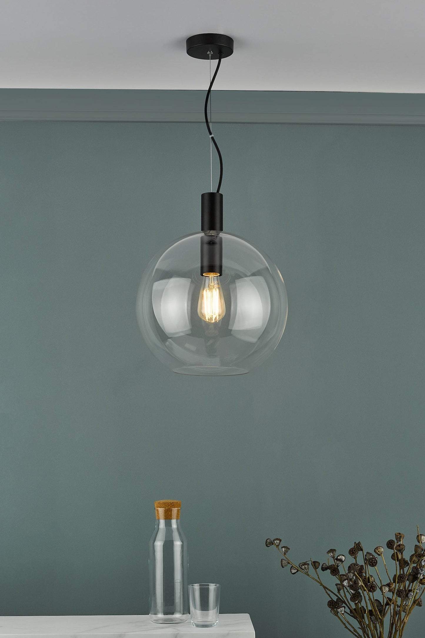 dar lighting Zula 1 Light Single Pendant Black Clear Glass ZUL0122