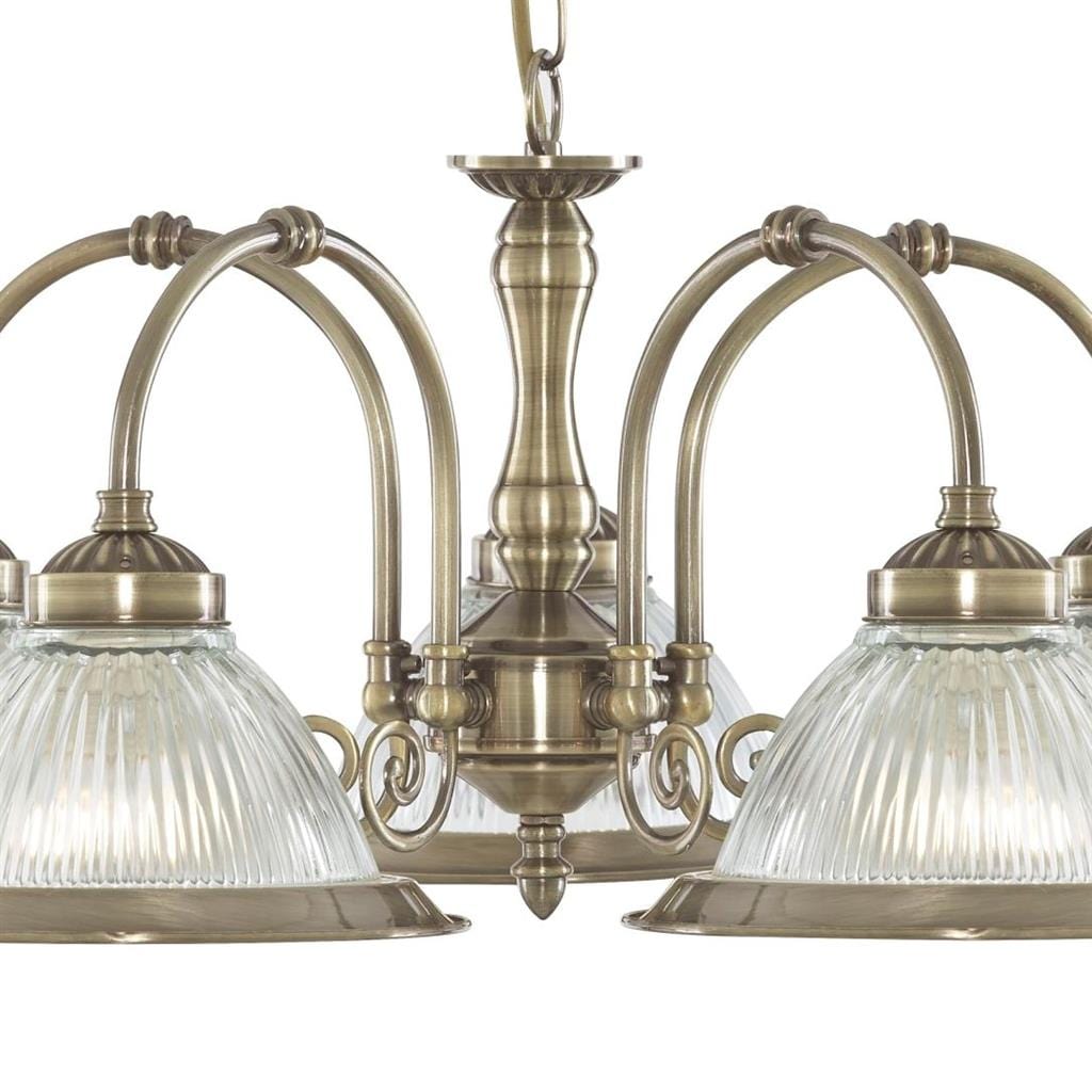 Searchlight American Diner 5Lt Pendant - Antique Brass & Ribbed Glass 9345-5
