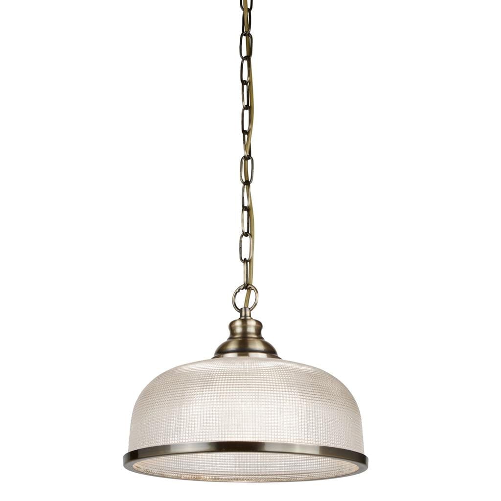 Searchlight Bistro II Pendant - Antique Brass & Holophane Style Glass 1682AB