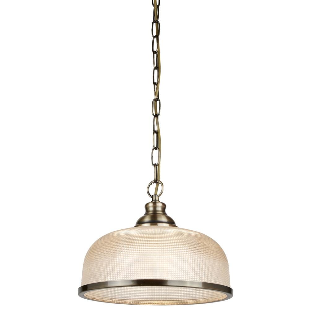 Searchlight Bistro II Pendant - Antique Brass & Holophane Style Glass 1682AB