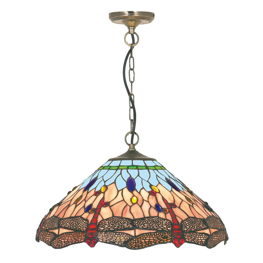 Searchlight Dragonfly Pendant - Antique Brass Metal & Stained Glass 1283-16