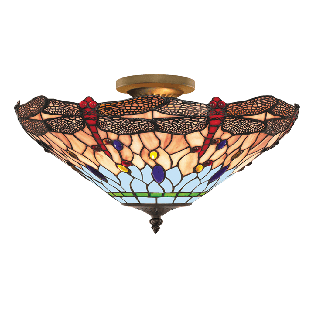 Searchlight Dragonfly Semi-Flush - Antique Brass Metal & Stained Glass 1289-16