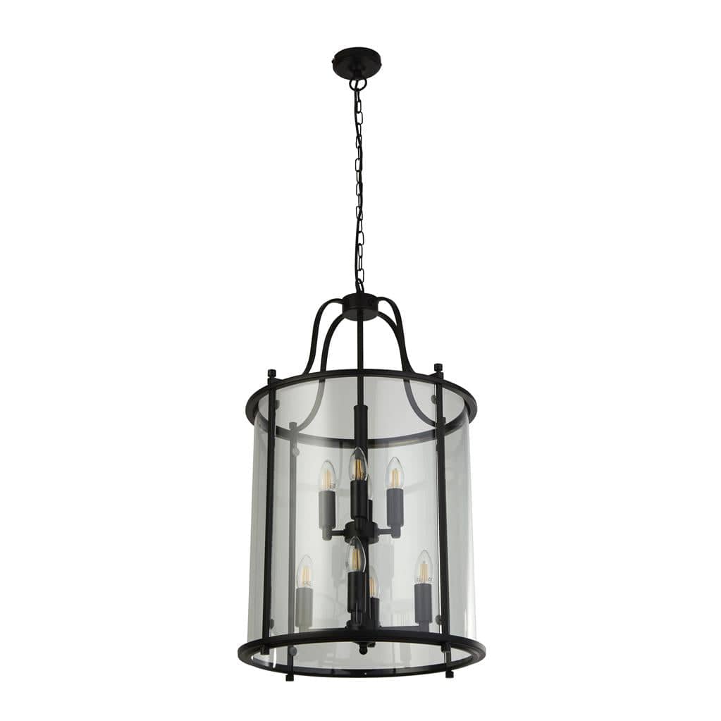 Searchlight Lantern Grande 8Lt Pendant - Black Metal & Glass 3068-8BK