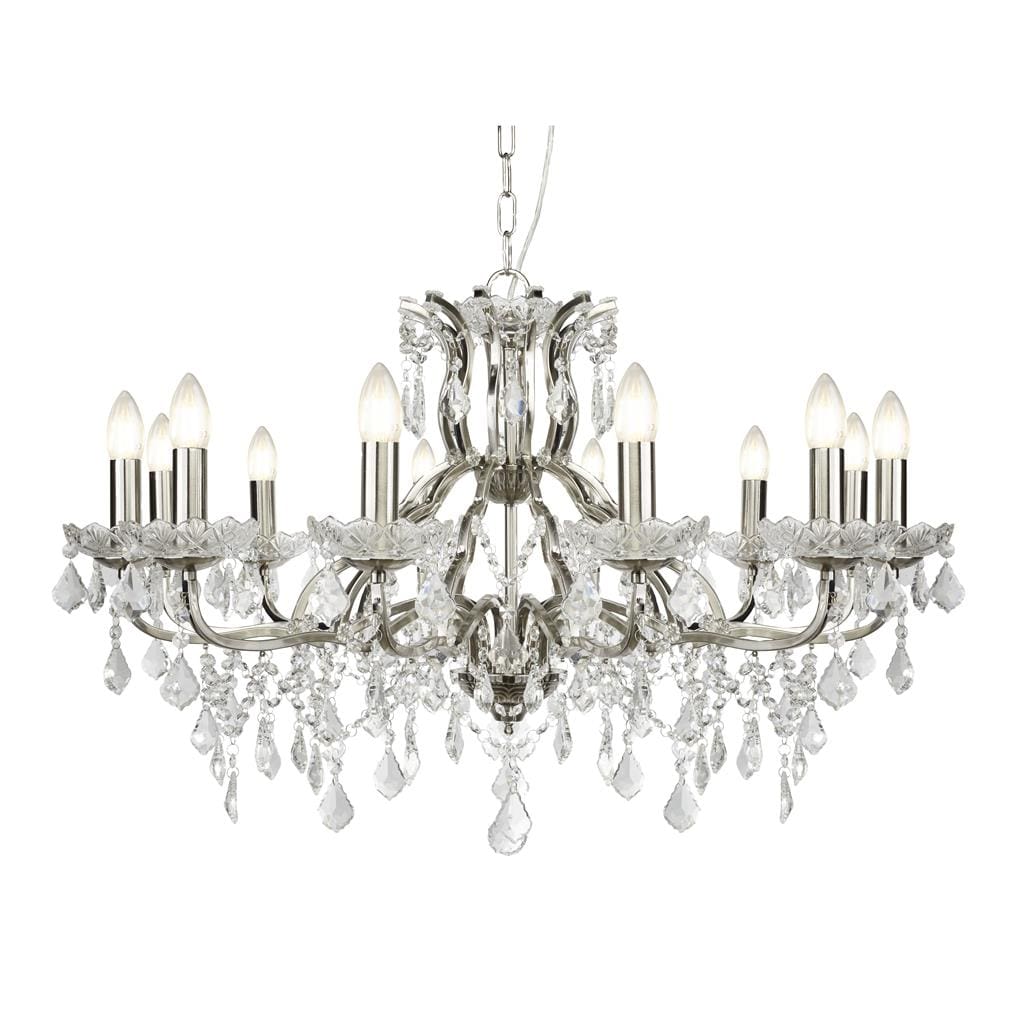 Searchlight Paris 12Lt Chandelier -
Satin Silver & Clear Crystal Drops 87312-12SS
