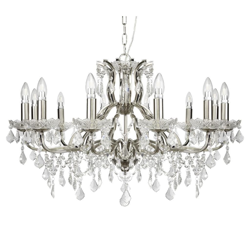 Searchlight Paris 12Lt Chandelier -
Satin Silver & Clear Crystal Drops 87312-12SS