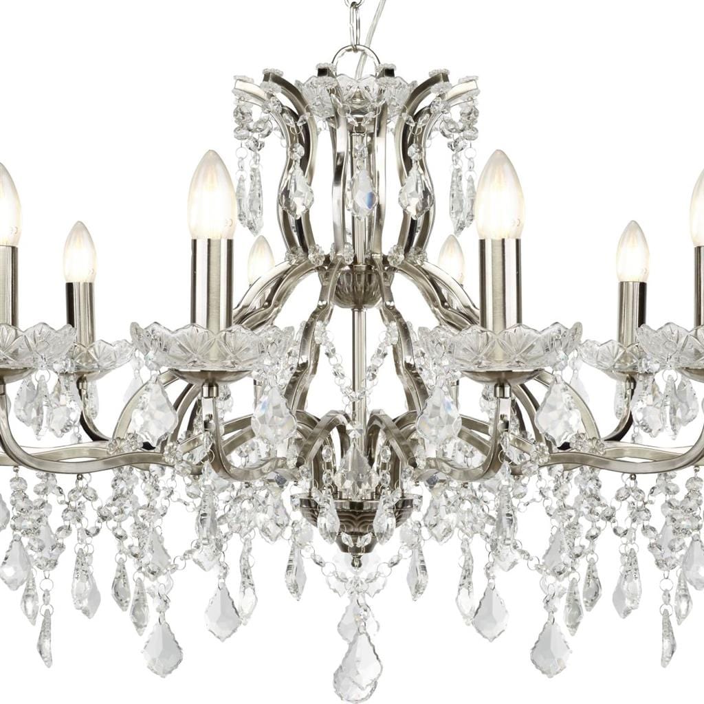 Searchlight Paris 12Lt Chandelier -
Satin Silver & Clear Crystal Drops 87312-12SS