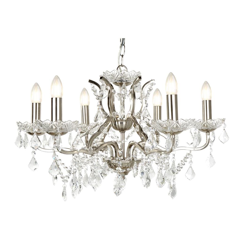 Searchlight Paris 6Lt Chandelier - Satin Silver Metal & Clear Crystal 8736-6SS