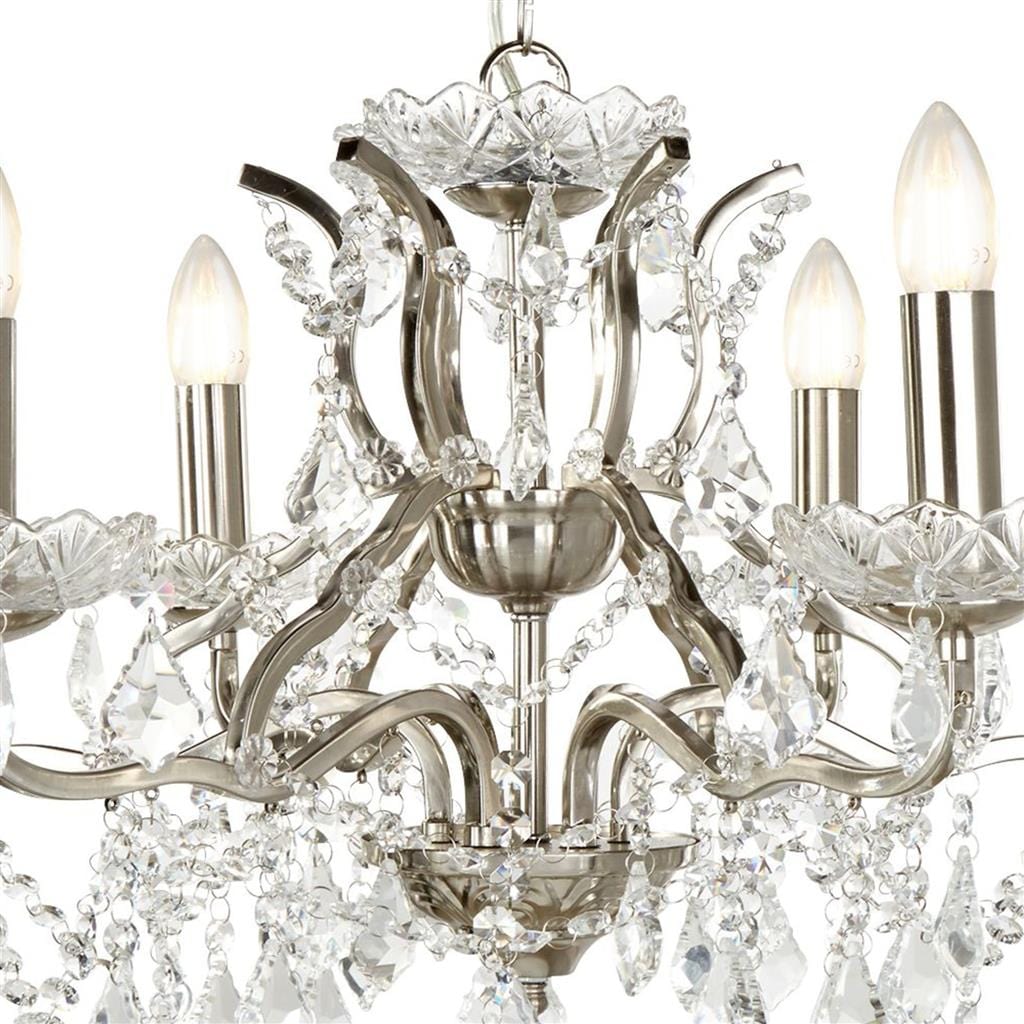 Searchlight Paris 6Lt Chandelier - Satin Silver Metal & Clear Crystal 8736-6SS
