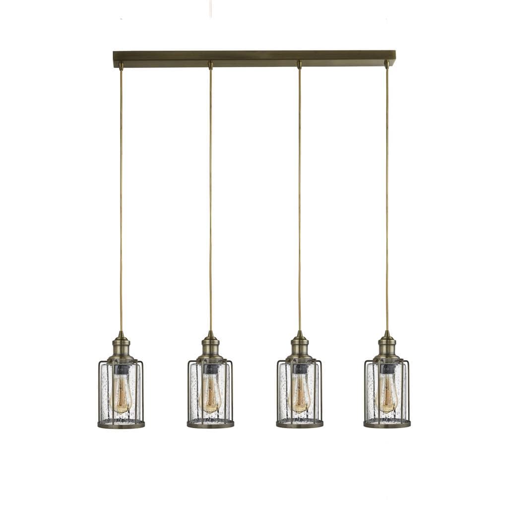 Searchlight Pipes 4Lt Bar Pendant - Antique Brass Metal & Seeded Glass 1164-4AB