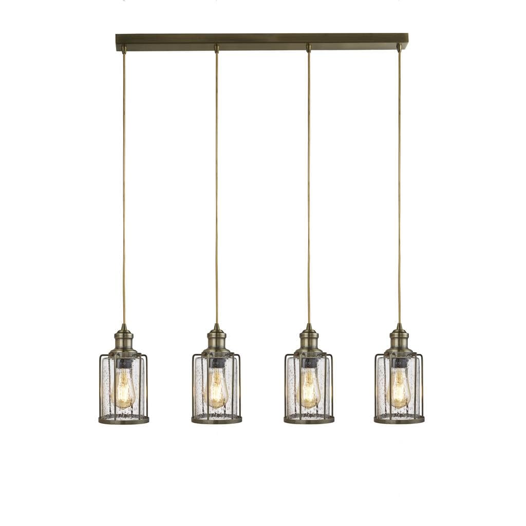 Searchlight Pipes 4Lt Bar Pendant - Antique Brass Metal & Seeded Glass 1164-4AB