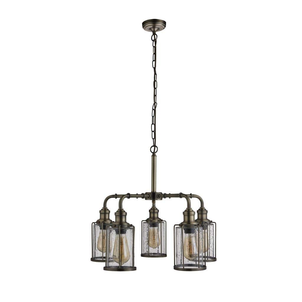 Searchlight Pipes 5Lt Pendant - Antique Brass Metal & Seeded Glass 1265-5AB