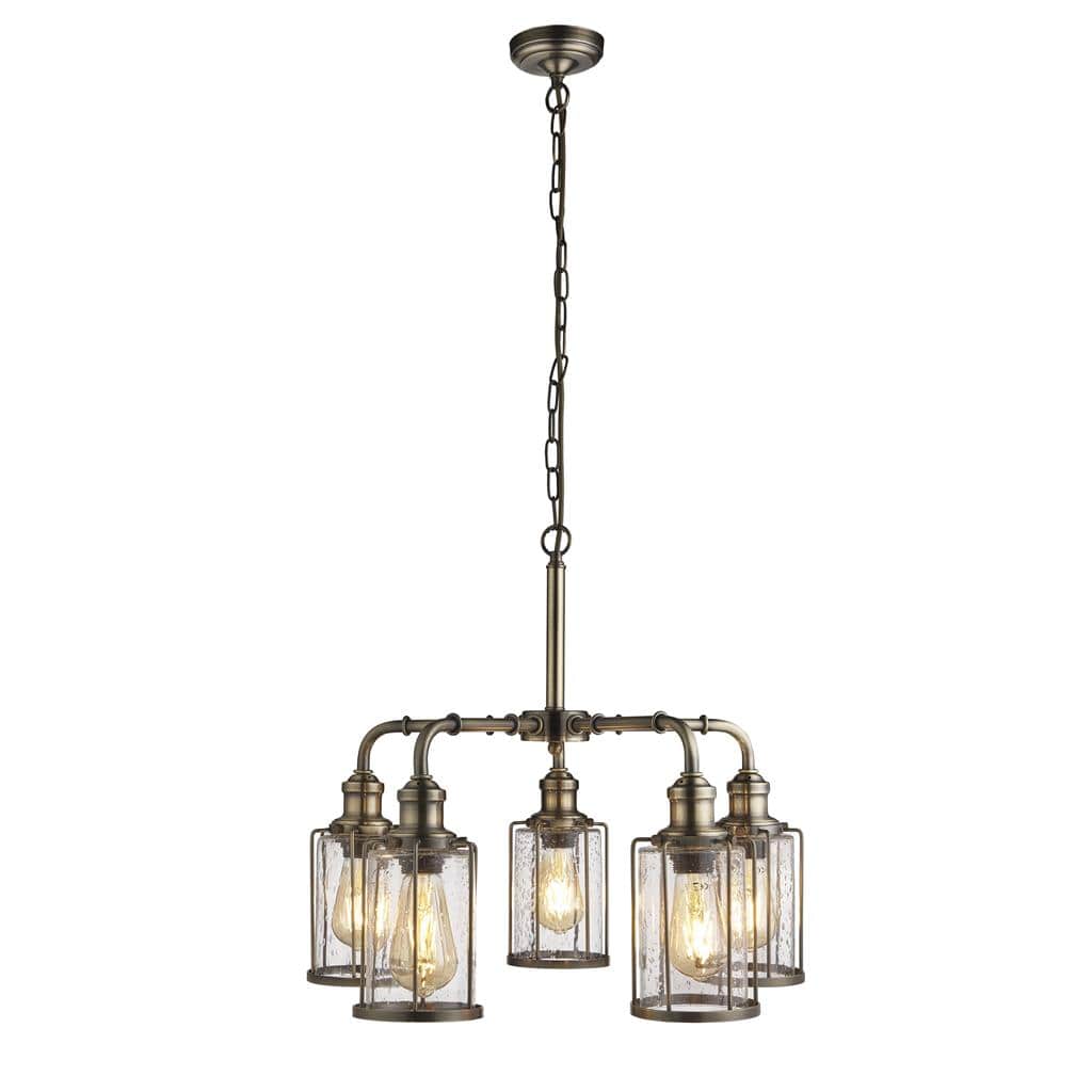 Searchlight Pipes 5Lt Pendant - Antique Brass Metal & Seeded Glass 1265-5AB