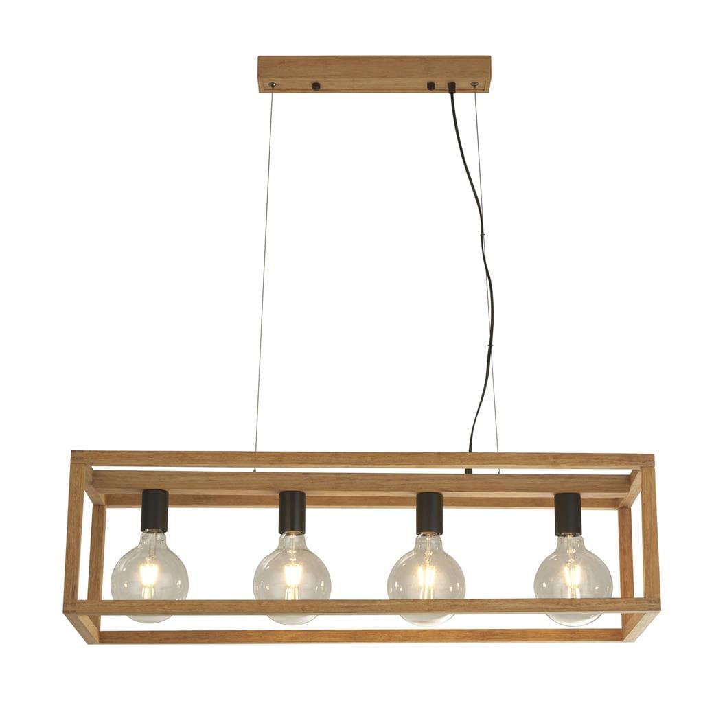 Searchlight Square 4Lt Pendant - Natural Wood & Black Metal 54741-4NA