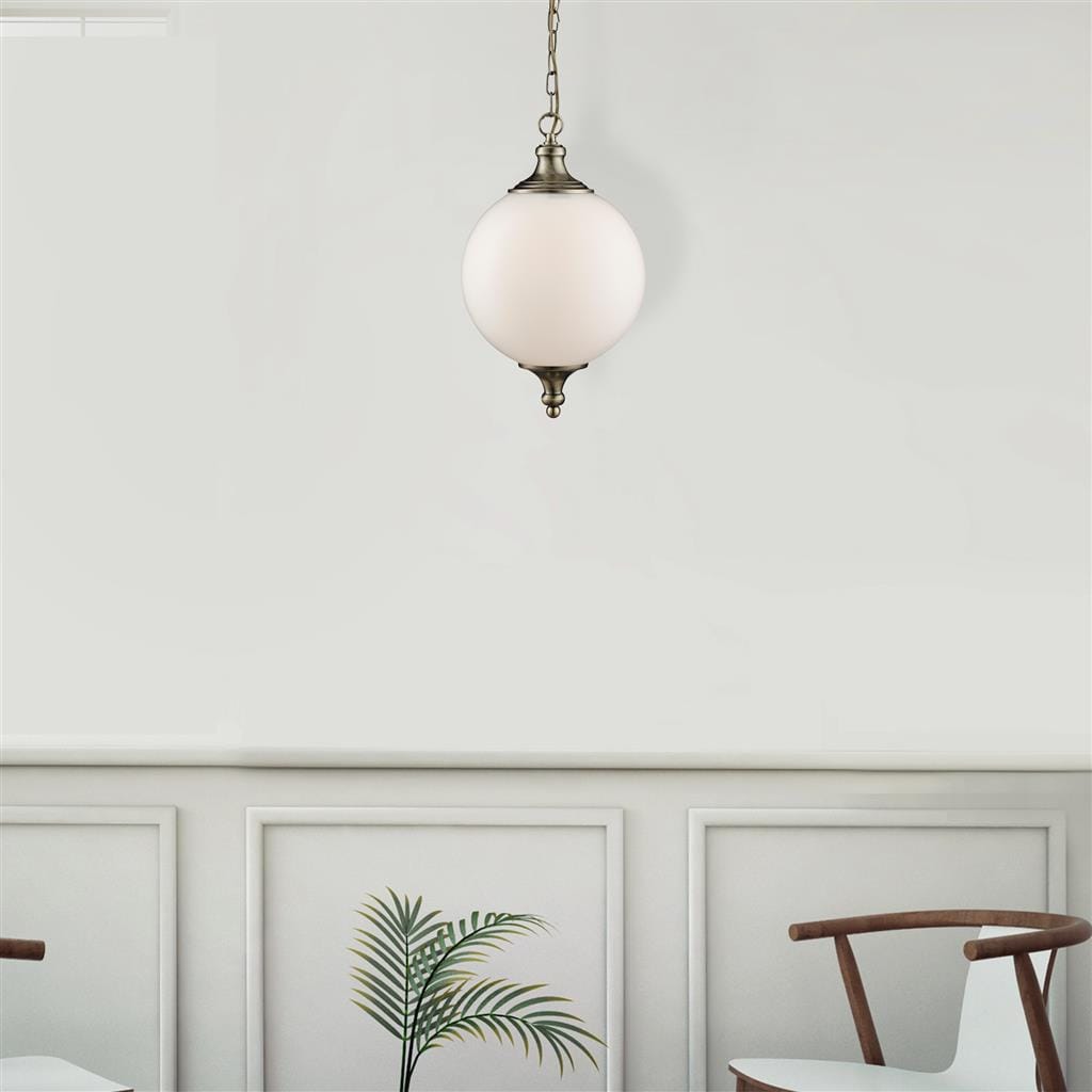 Searchlight Vulcan Pendant - Antique Brass Metal & Opal Glass 3051AB