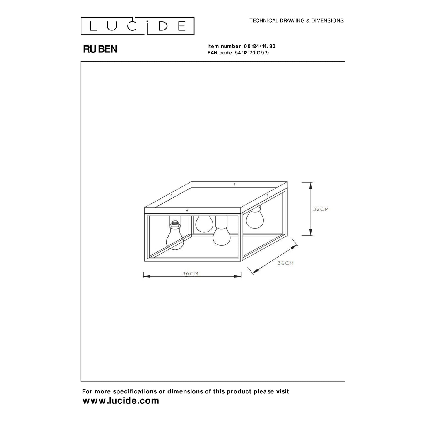 Lucide RUBEN - Flush ceiling light - 4x E27 - Black