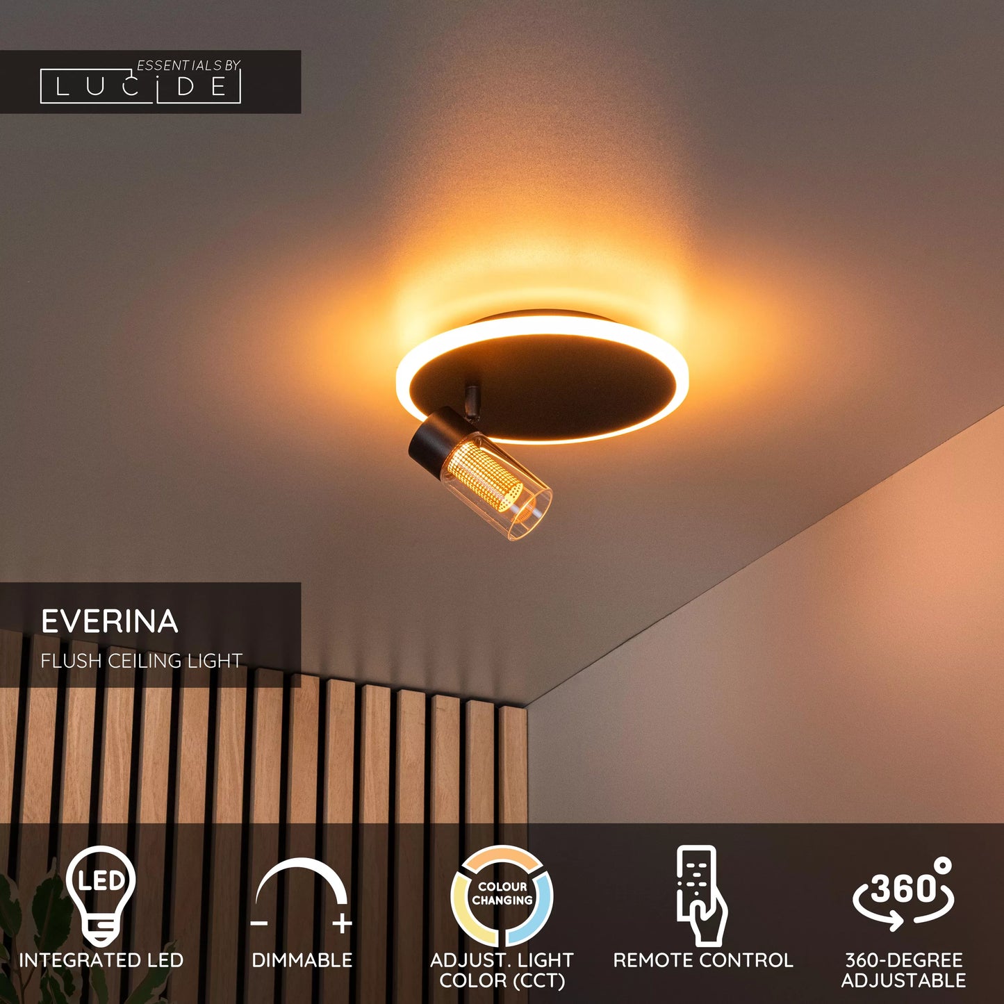 Lucide EVERINA - Flush ceiling light - Ø 23 cm - LED Dim. - CCT - 2200K/6500K - Black | Essential