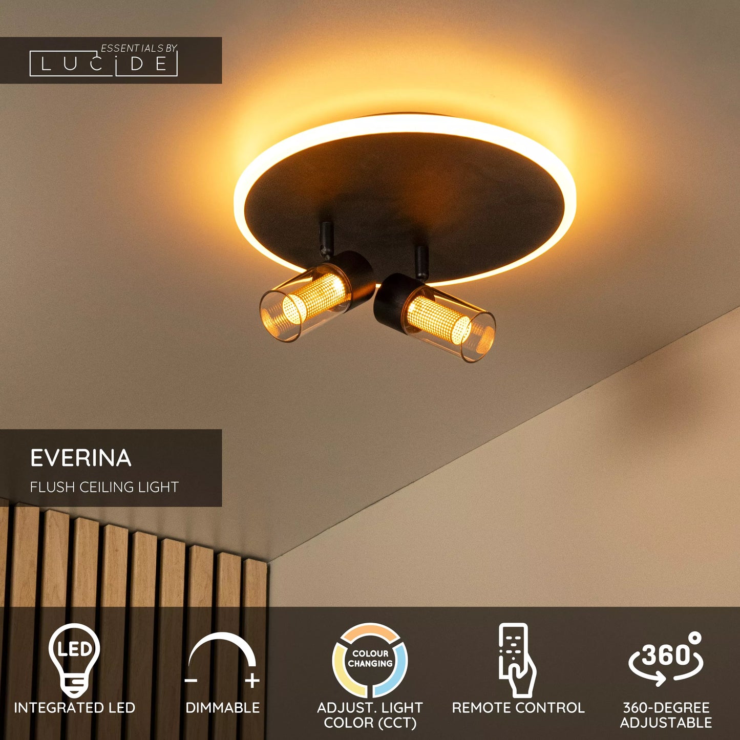 Lucide EVERINA - Flush ceiling light - Ø 30 cm - LED Dim. - CCT - 2200K/6500K - Black | Essential