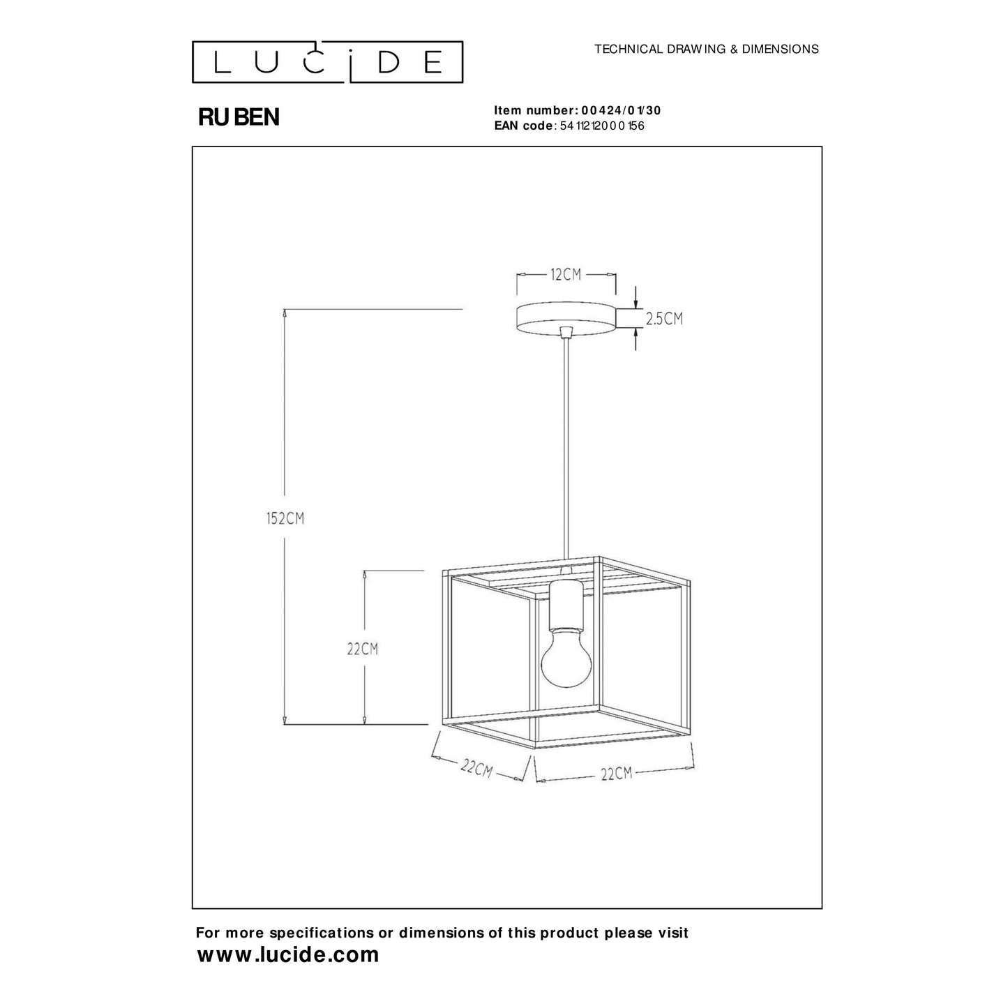 Lucide RUBEN - Pendant light - 1xE27 - Black