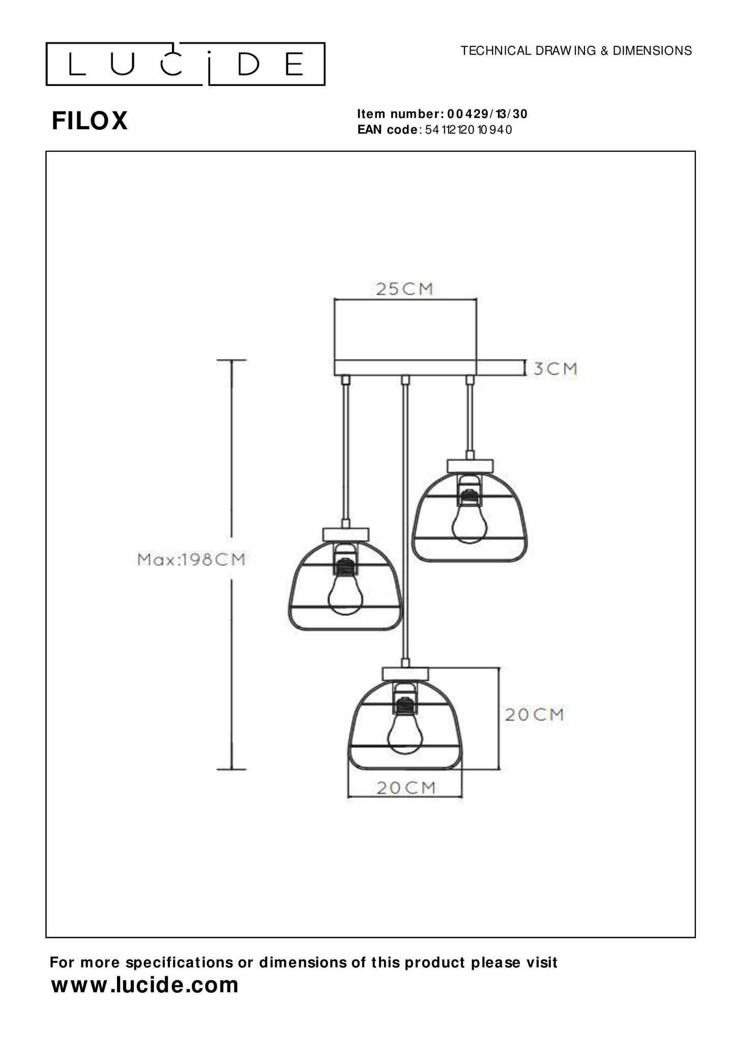 Lucide FILOX - Pendant light - Ø 44,5 cm - 3xE27 - Black