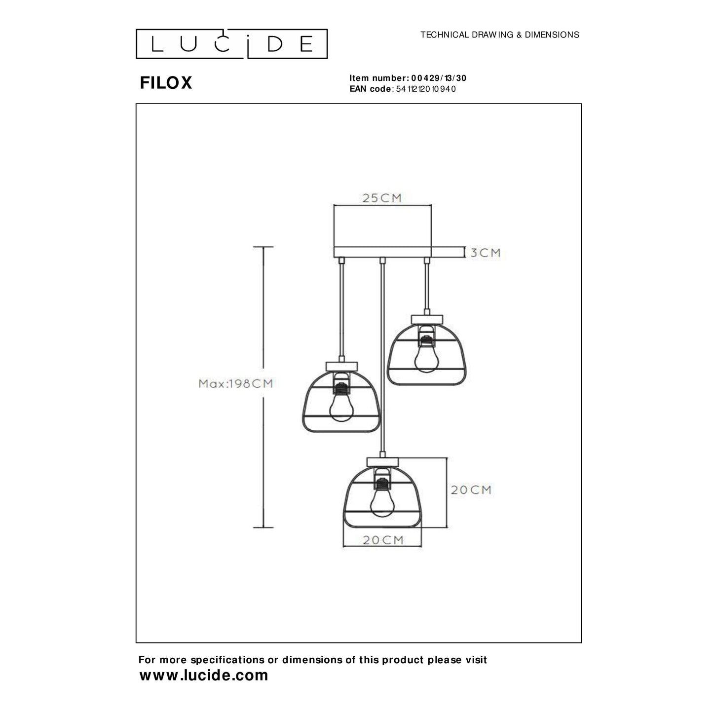 Lucide FILOX - Pendant light - Ø 44,5 cm - 3xE27 - Black