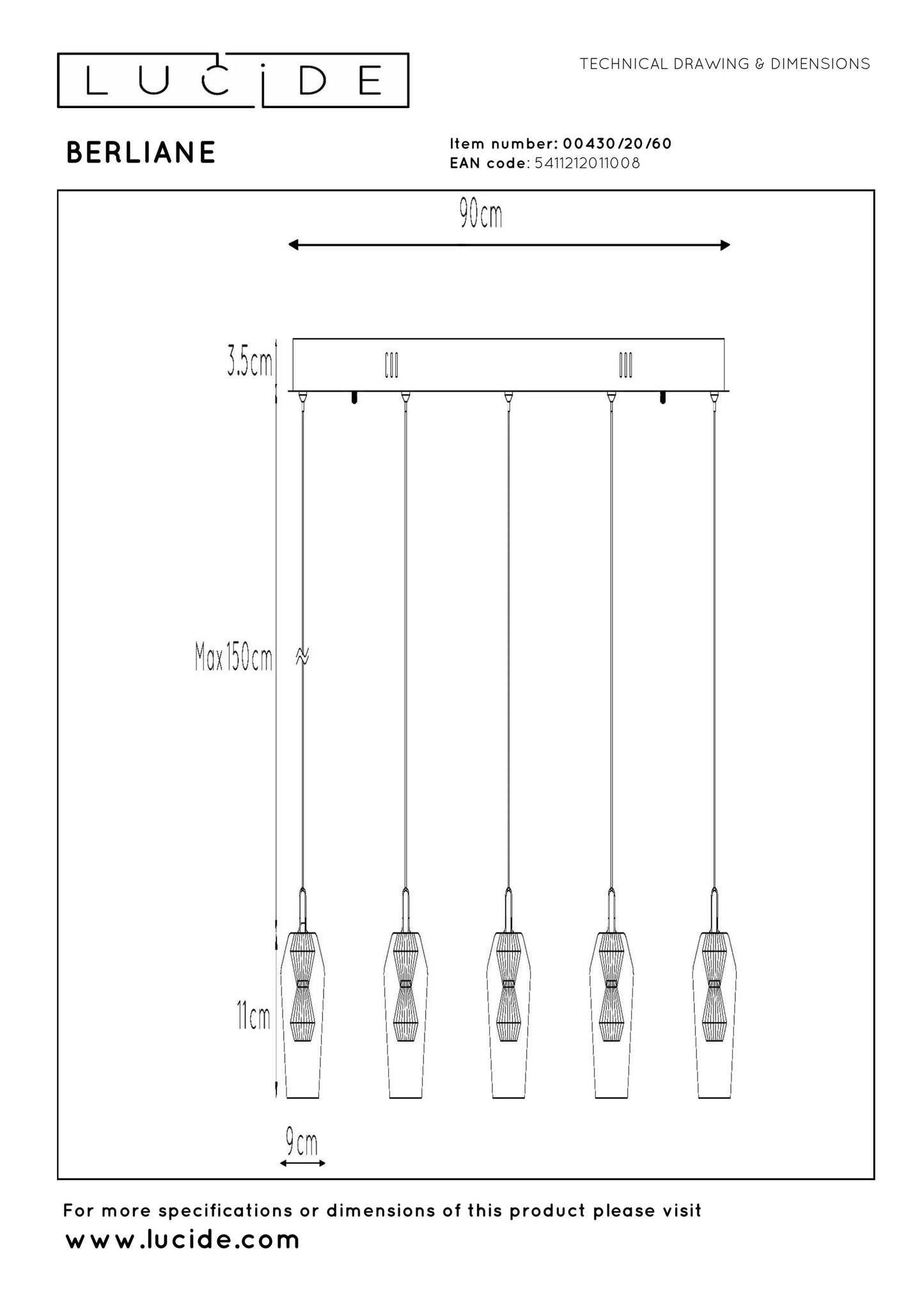 Lucide BERLIANE - Pendant light - LED Dim. - 5x4W 2700K - With replaceable LED module - Transparant | Essential