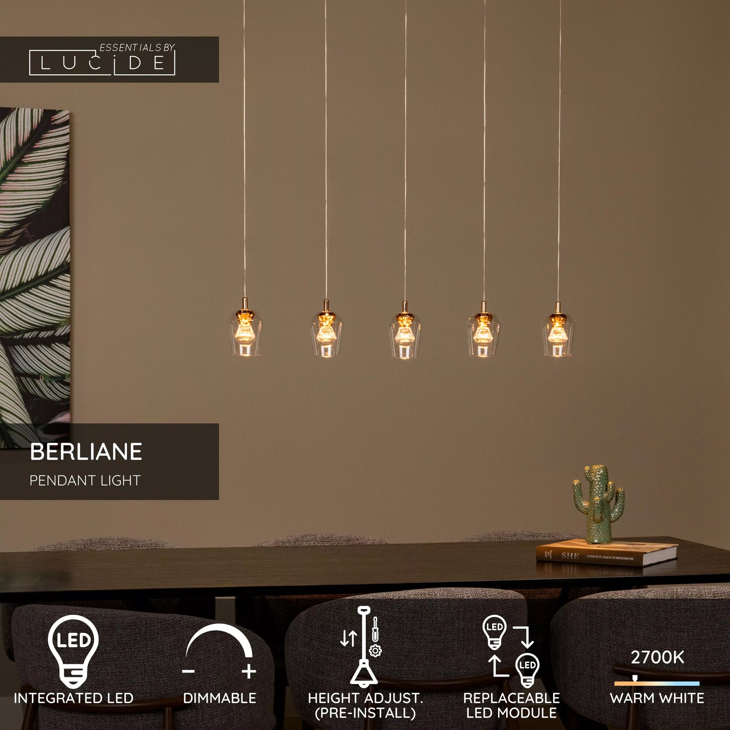 Lucide BERLIANE - Pendant light - LED Dim. - 5x4W 2700K - With replaceable LED module - Transparant | Essential