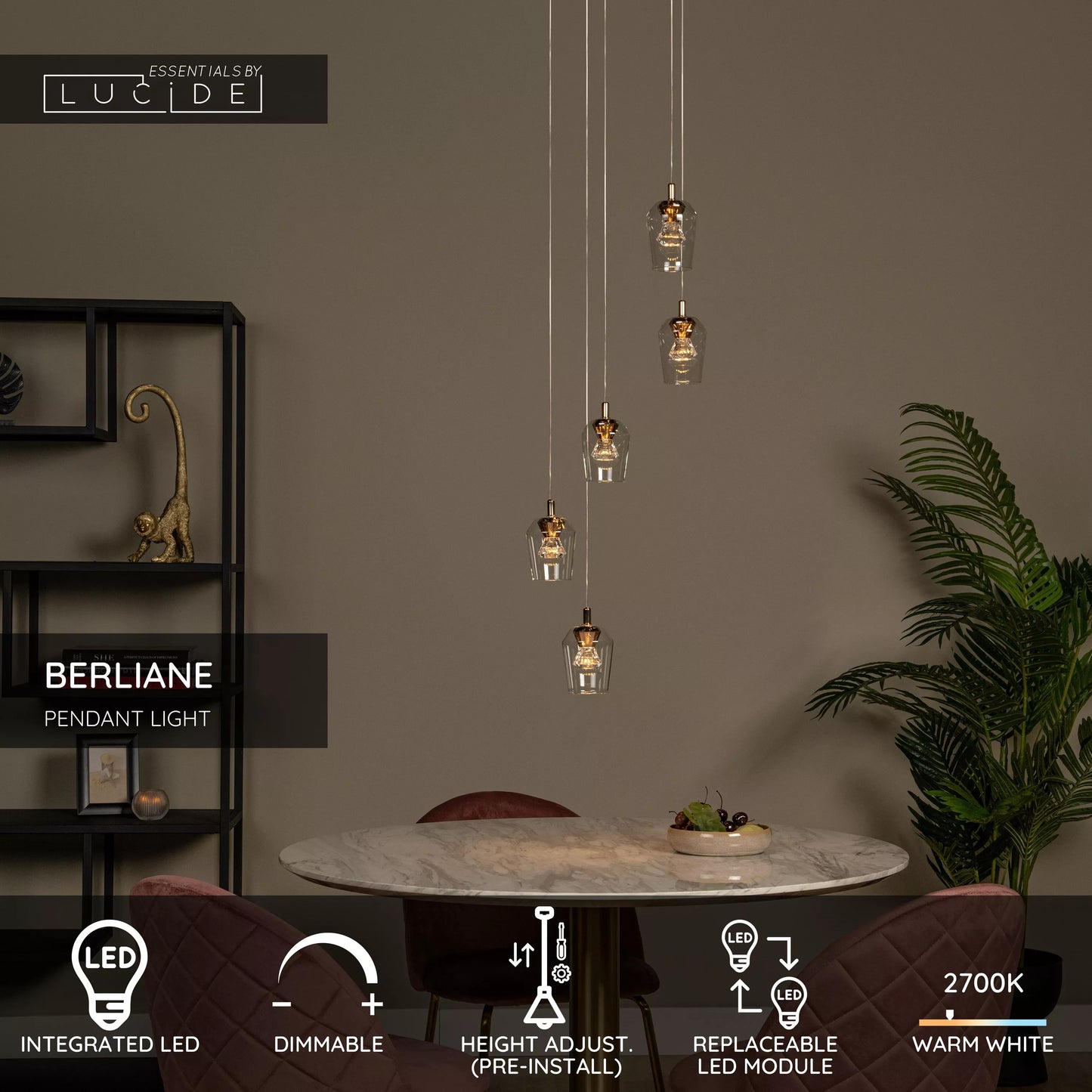Lucide BERLIANE - Pendant light - Ø 34 cm - LED Dim. - 5x4W 2700K - With replaceable LED module - Transparant | Essential