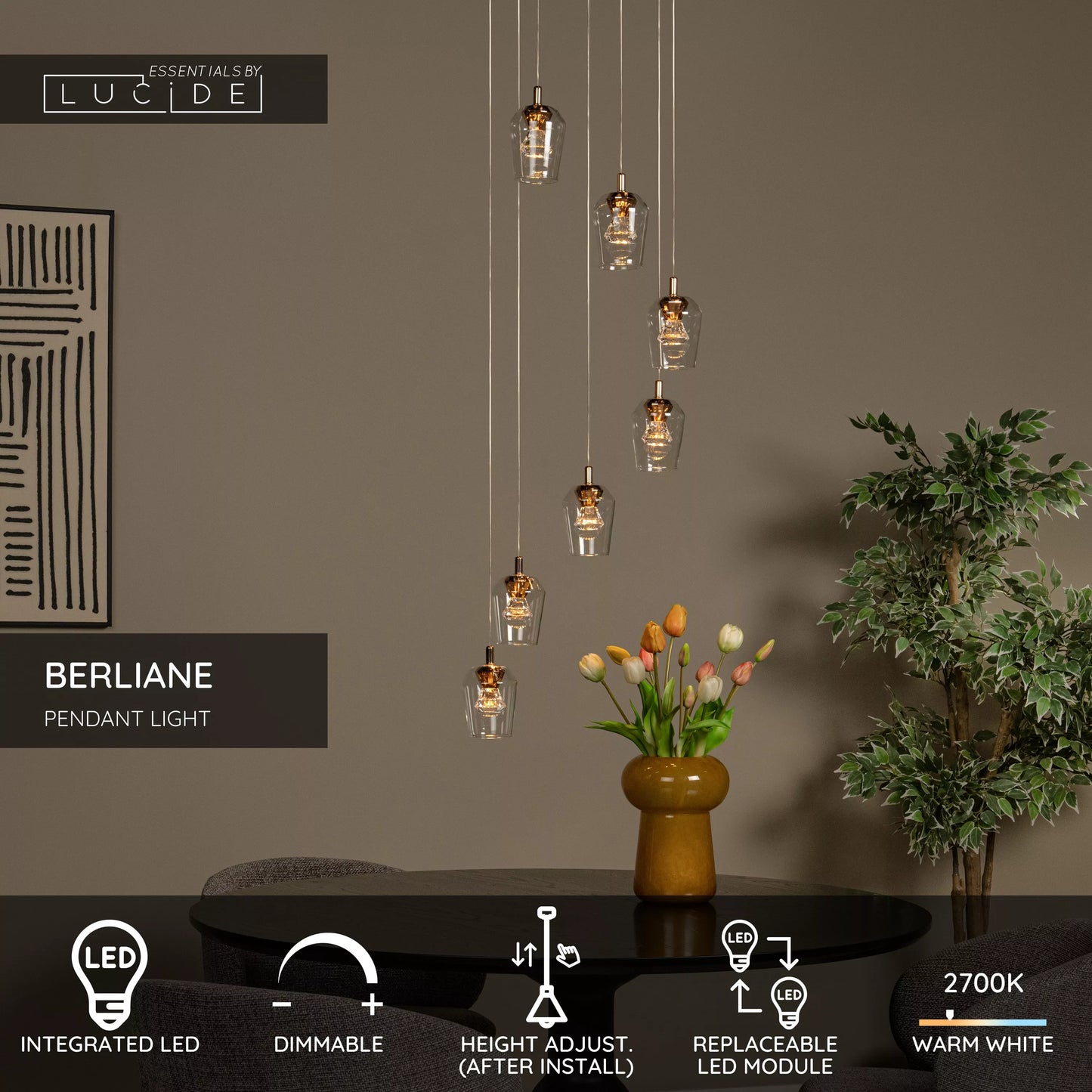 Lucide BERLIANE - Pendant light - Ø 39 cm - LED Dim. - 7x4W 2700K - With replaceable LED module - Transparant | Essential