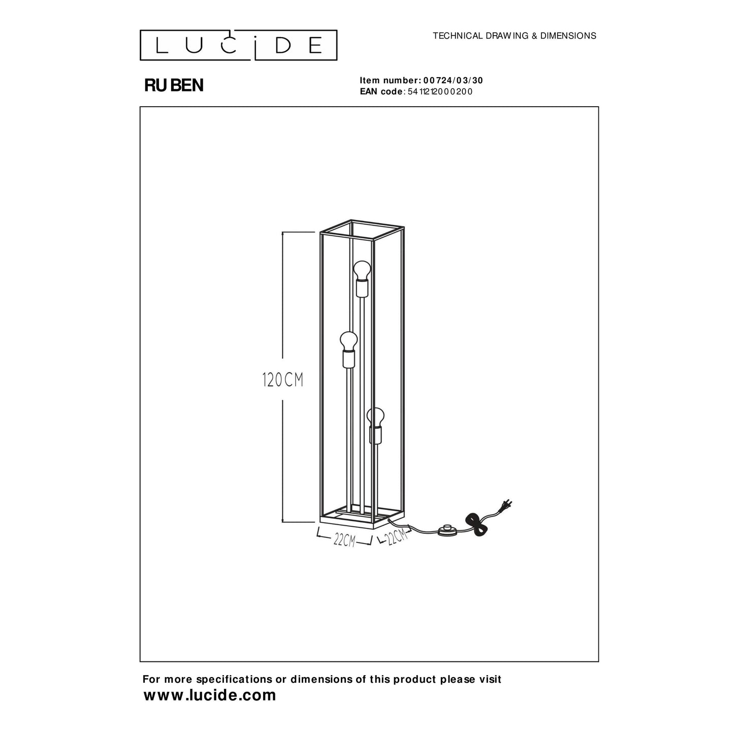 Lucide RUBEN - Floor lamp - 3xE27 - Black