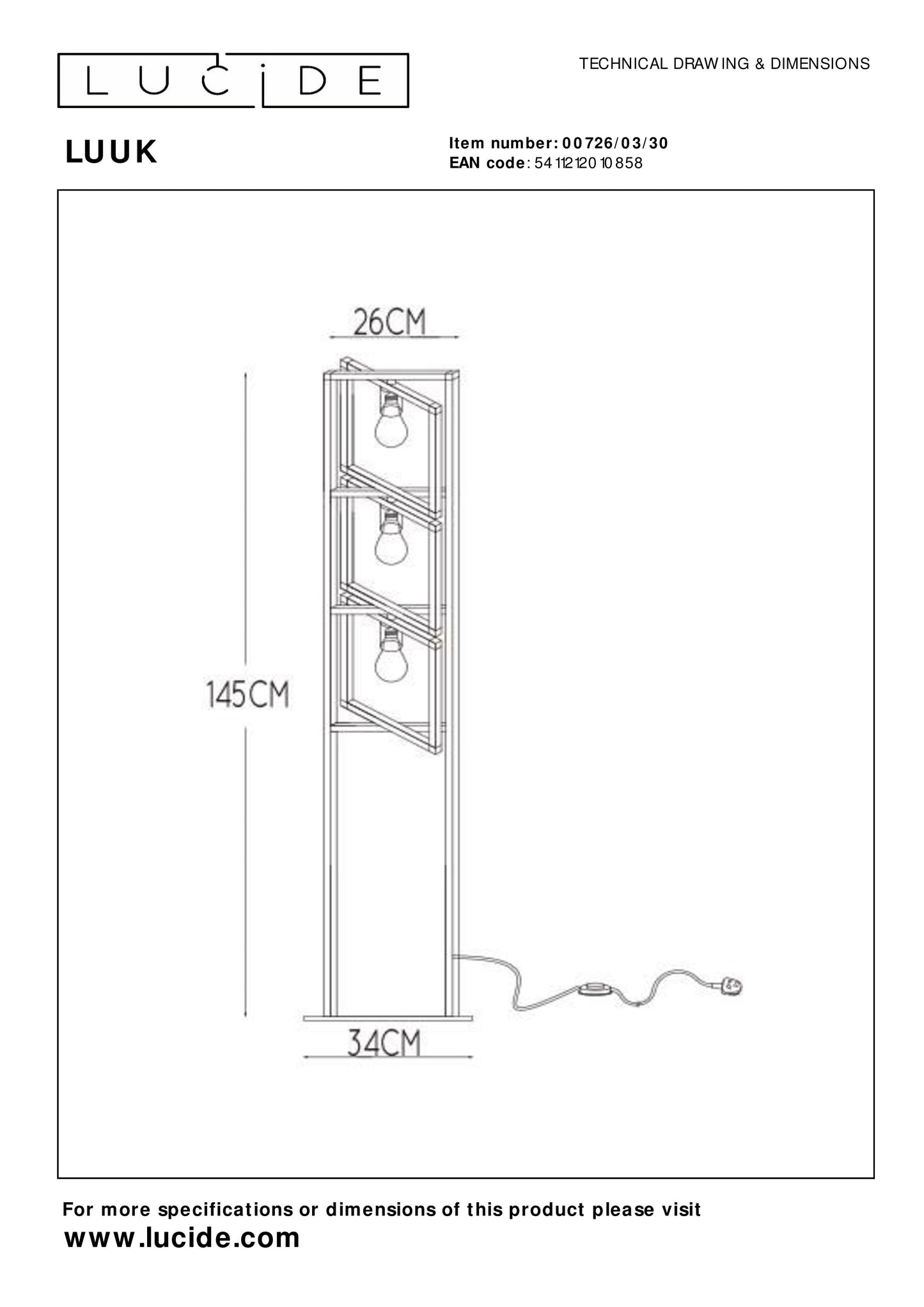 Lucide LUUK - Floor lamp - 3xE27 - Black