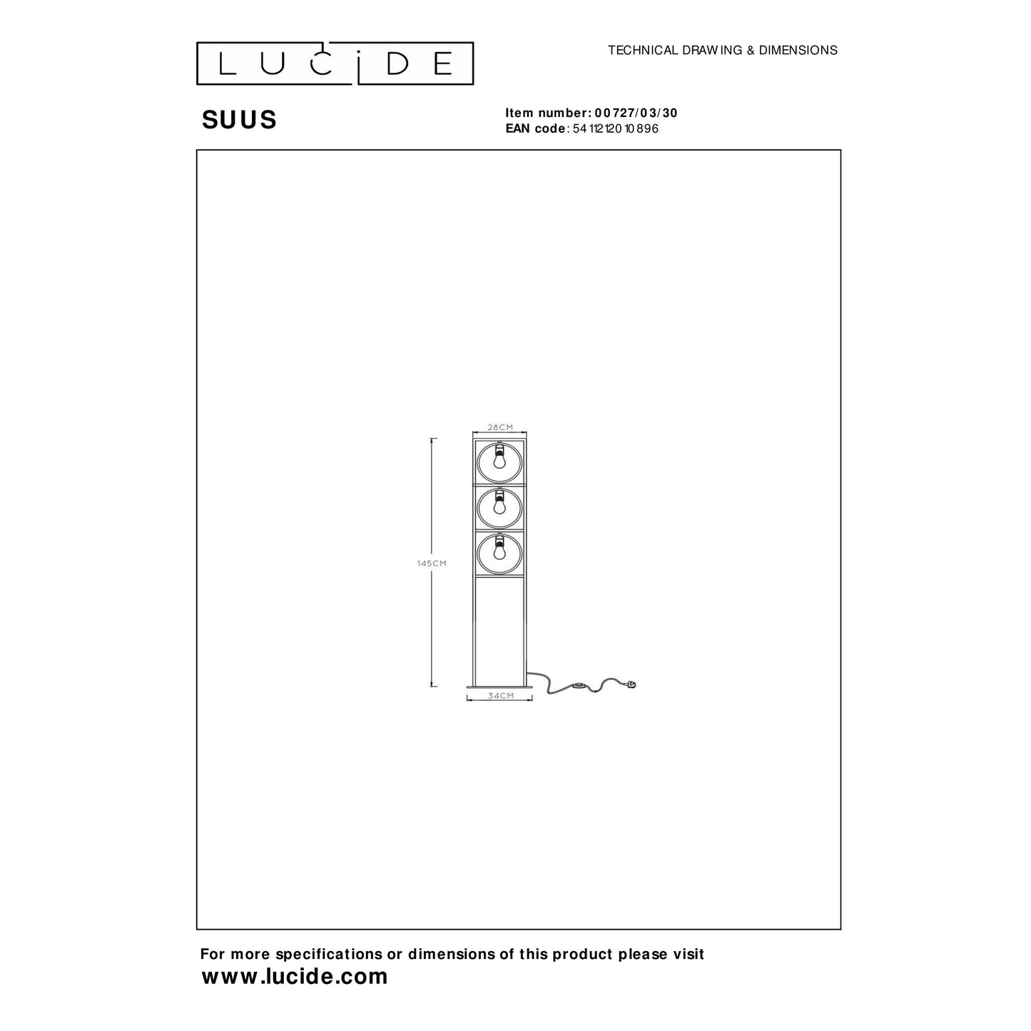 Lucide SUUS - Floor lamp - 3xE27 - Black