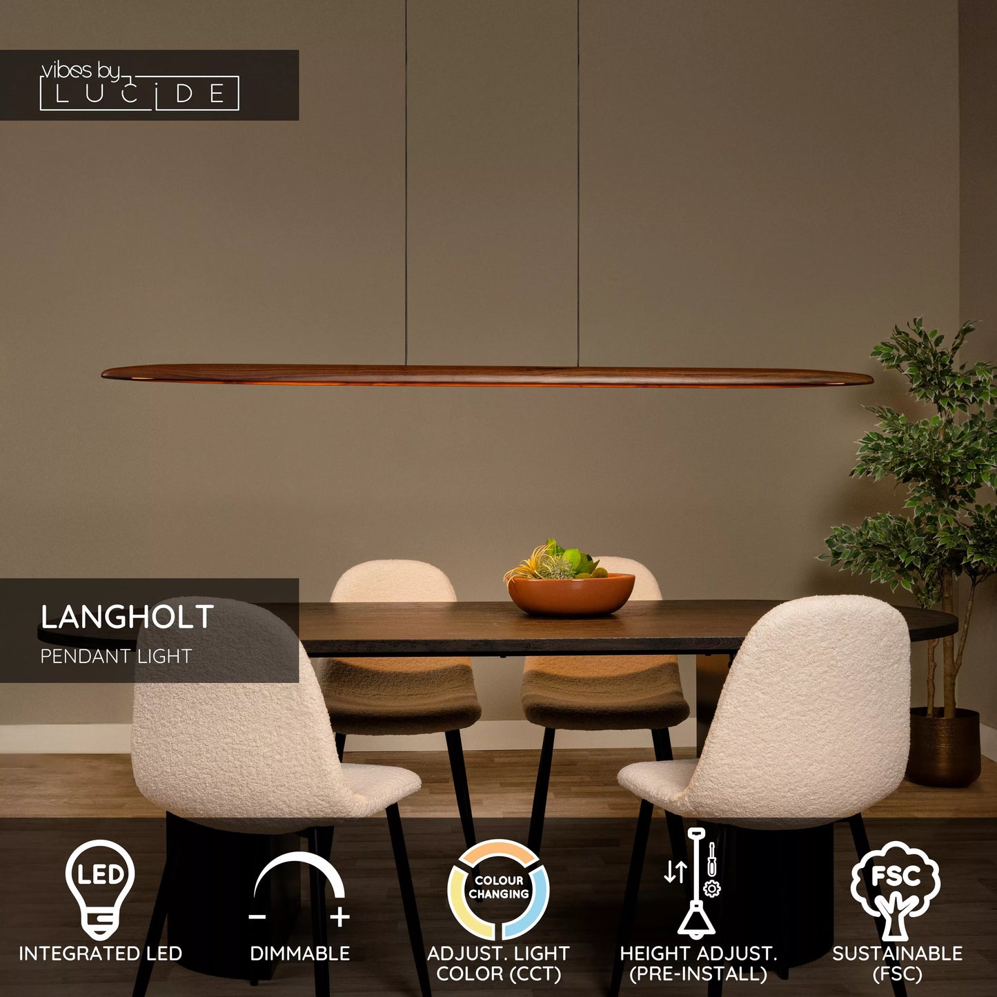 Lucide LANGHOLT - Pendant light - LED Dim. - CCT - 1x28W 2200K/4000K - Light wood | Vibes