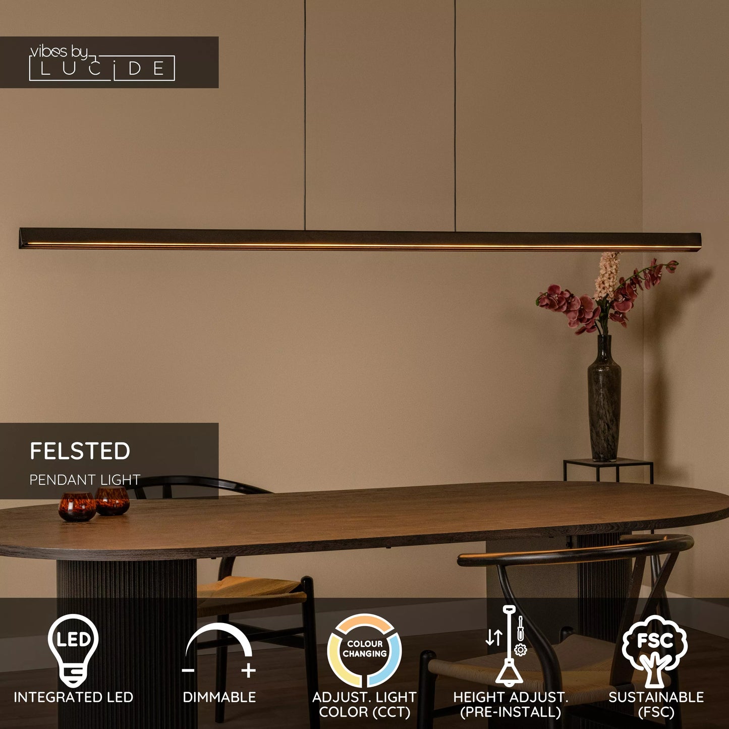 Lucide FELSTED - Pendant light - LED Dim. - CCT - 1x28W 2200K/4000K - Black | Vibes
