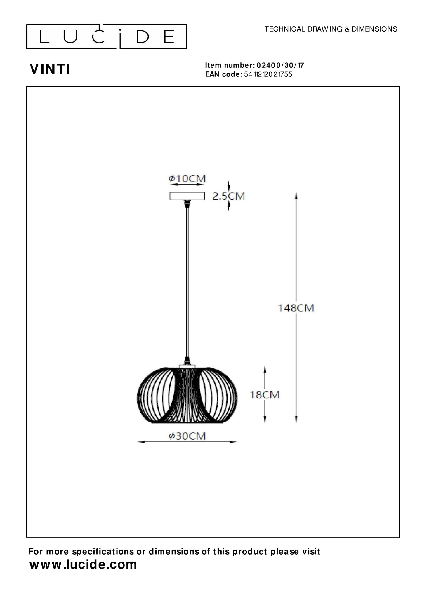 Lucide VINTI - Pendant light - Ø 30 cm - 1xE27 - Copper