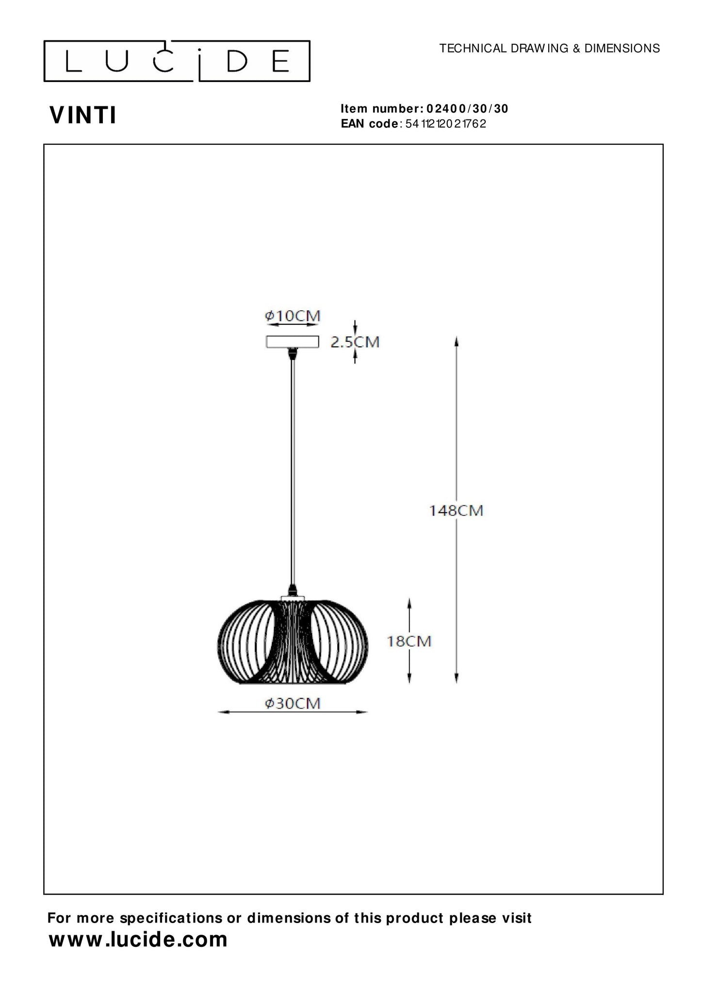 Lucide VINTI - Pendant light - Ø 30 cm - 1xE27 - Black