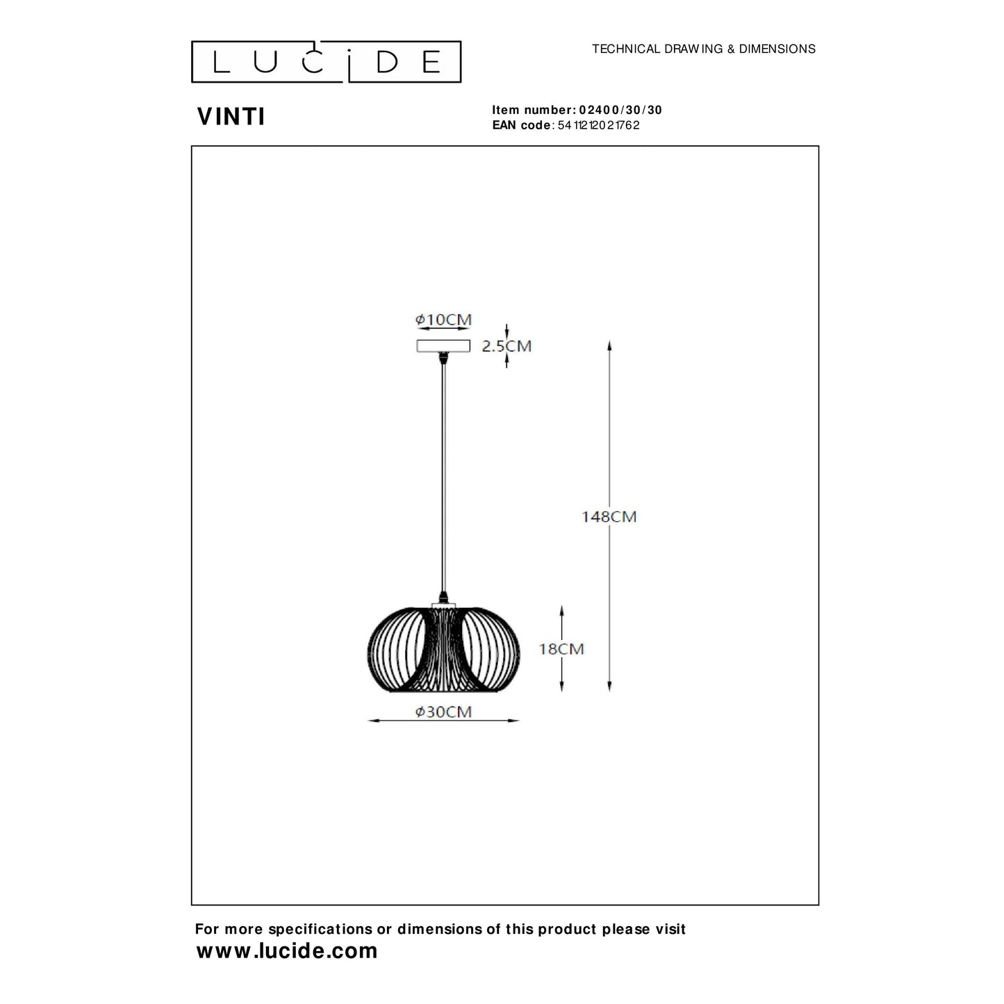 Lucide VINTI - Pendant light - Ø 30 cm - 1xE27 - Black