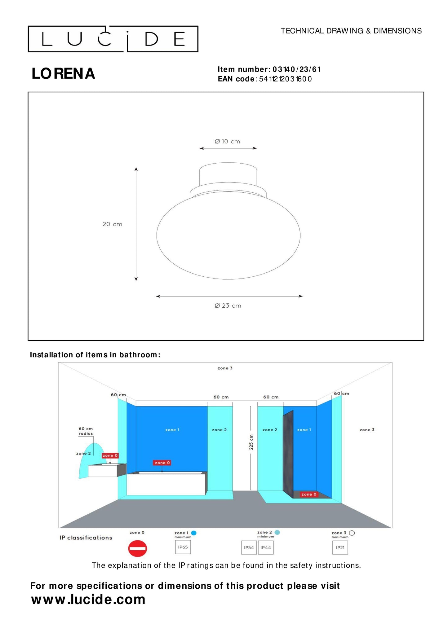 Lucide LORENA - Flush ceiling light Bathroom - Ø 23 cm - 1xE27 - IP44 - Opal