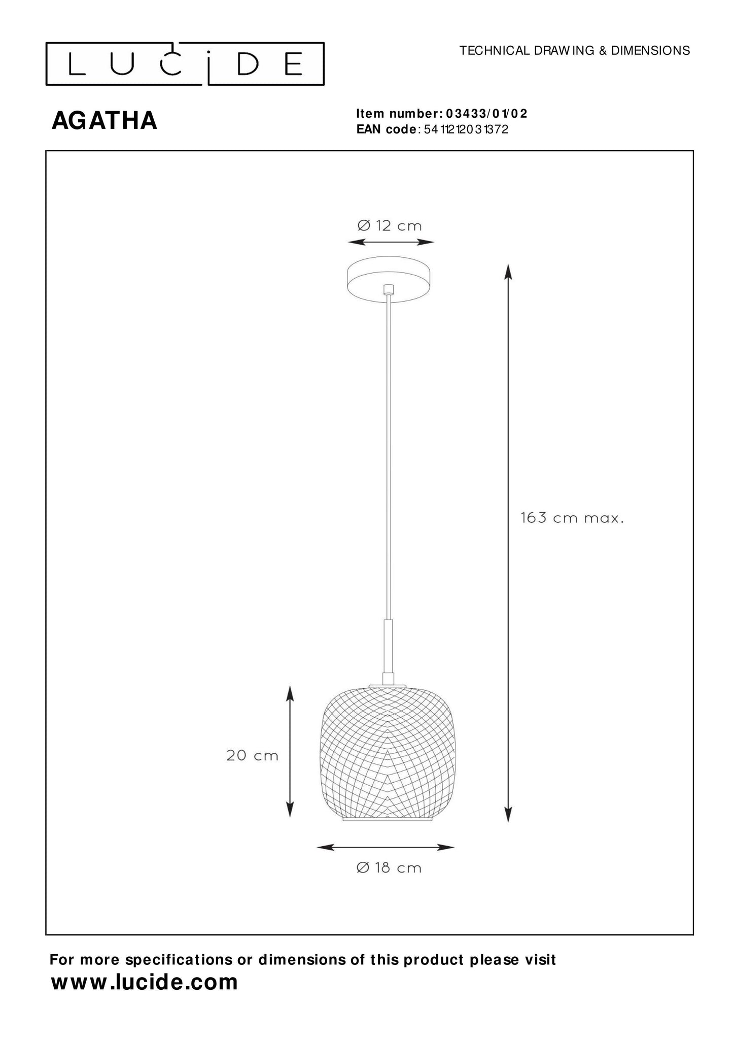 Lucide AGATHA - Pendant light - Ø 18 cm - 1xE27 - Matt Gold / Brass