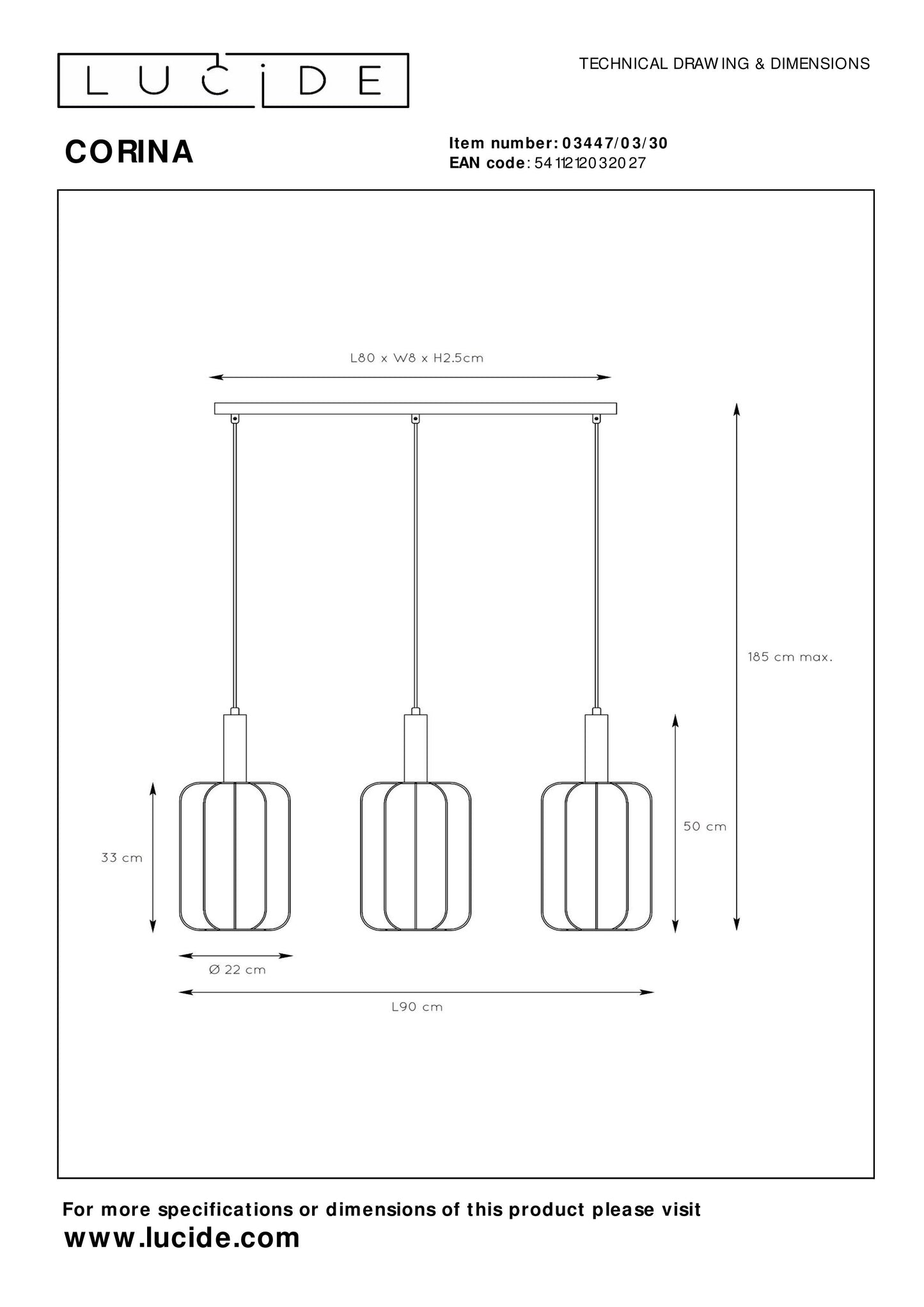 Lucide CORINA - Pendant light - 3xE27 - Black