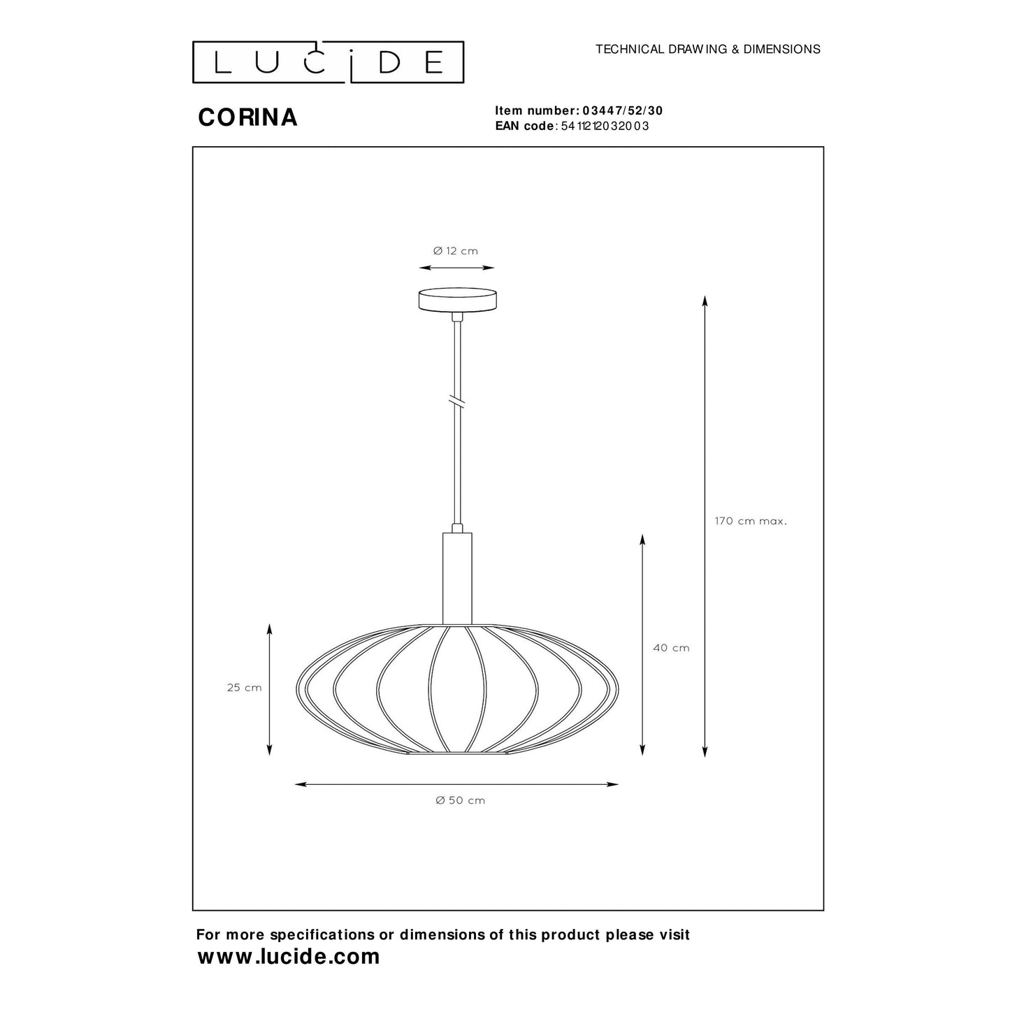 Lucide CORINA - Pendant light - Ø 50 cm - 1xE27 - Black