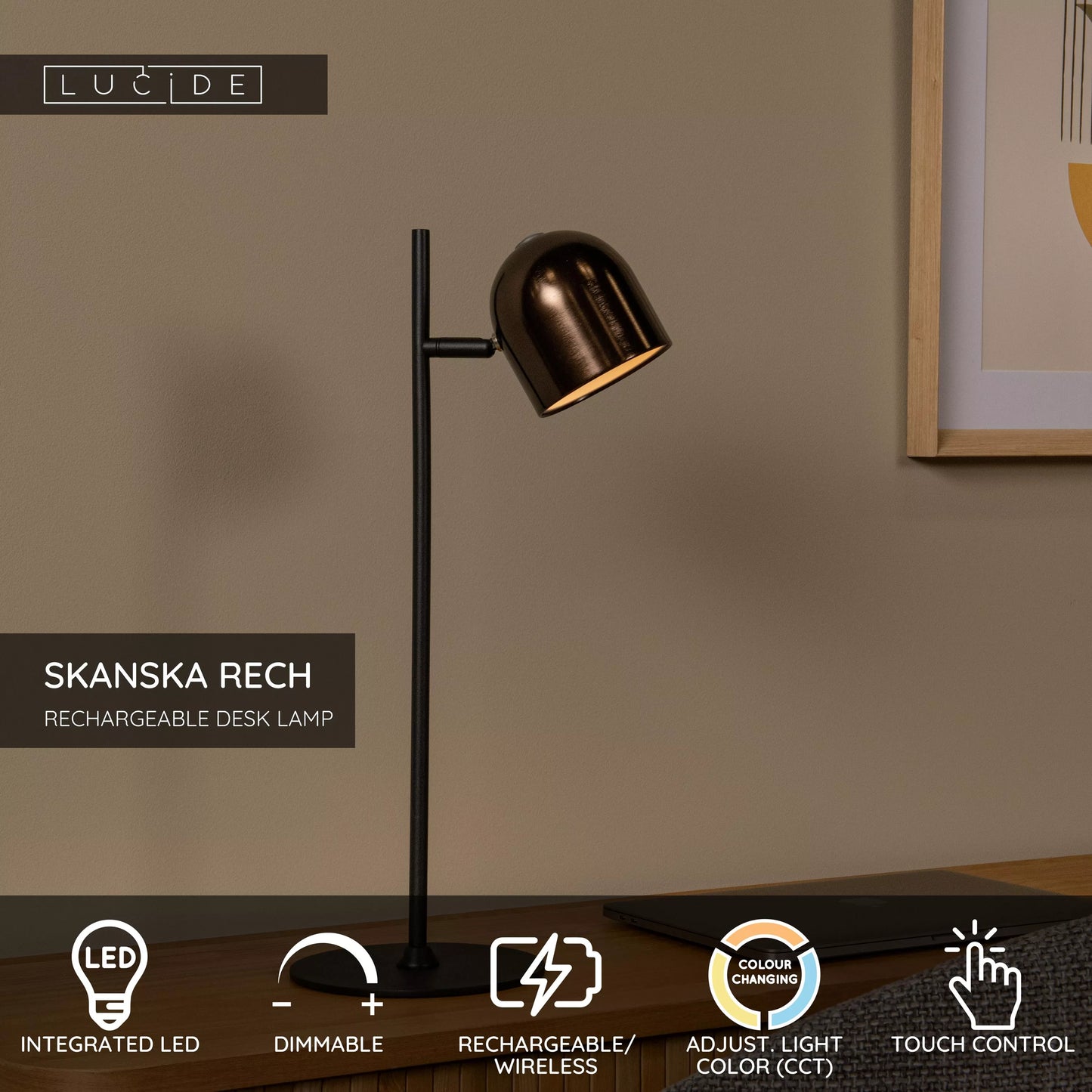 Lucide SKANSKA RECH - Rechargeable Desk lamp Indoor/Outdoor - Battery pack - LED Dim. - CCT - 1x3W 3000K/6000K - IP44 - Coffee