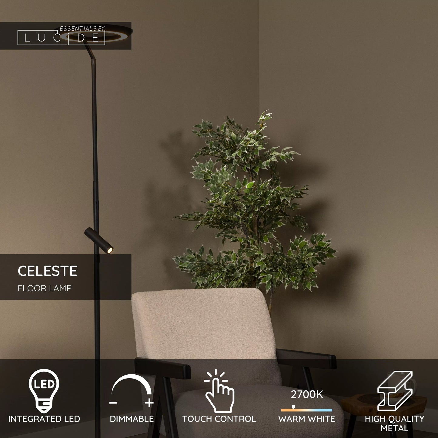 Lucide CELESTE - Floor lamp - Ø 28 cm - LED Dim. - 2700K - Black | Essential