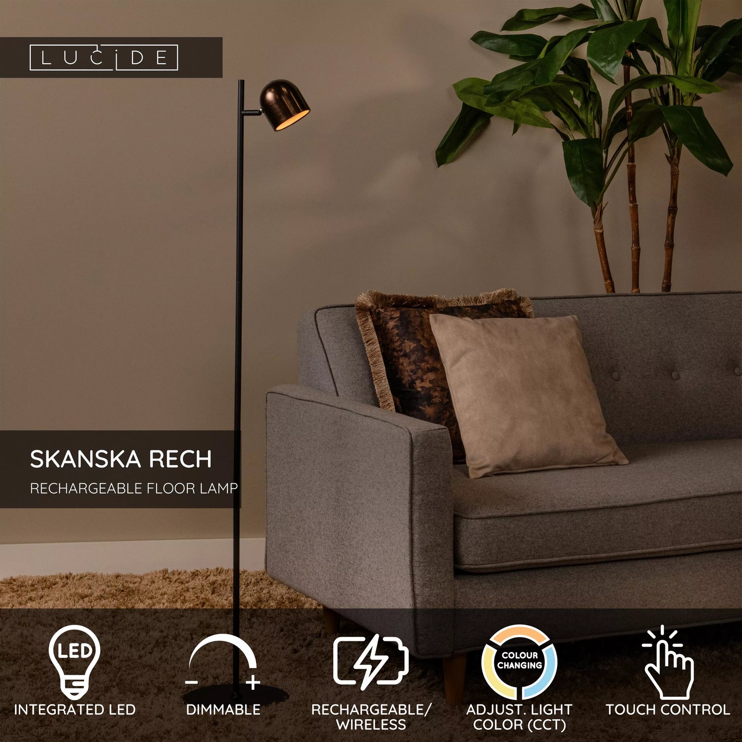 Lucide SKANSKA RECH - Rechargeable Floor lamp Indoor/Outdoor - Battery pack - Ø 23 cm - LED Dim. - CCT - 1x3W 3000K/6000K - IP44 - Coffee