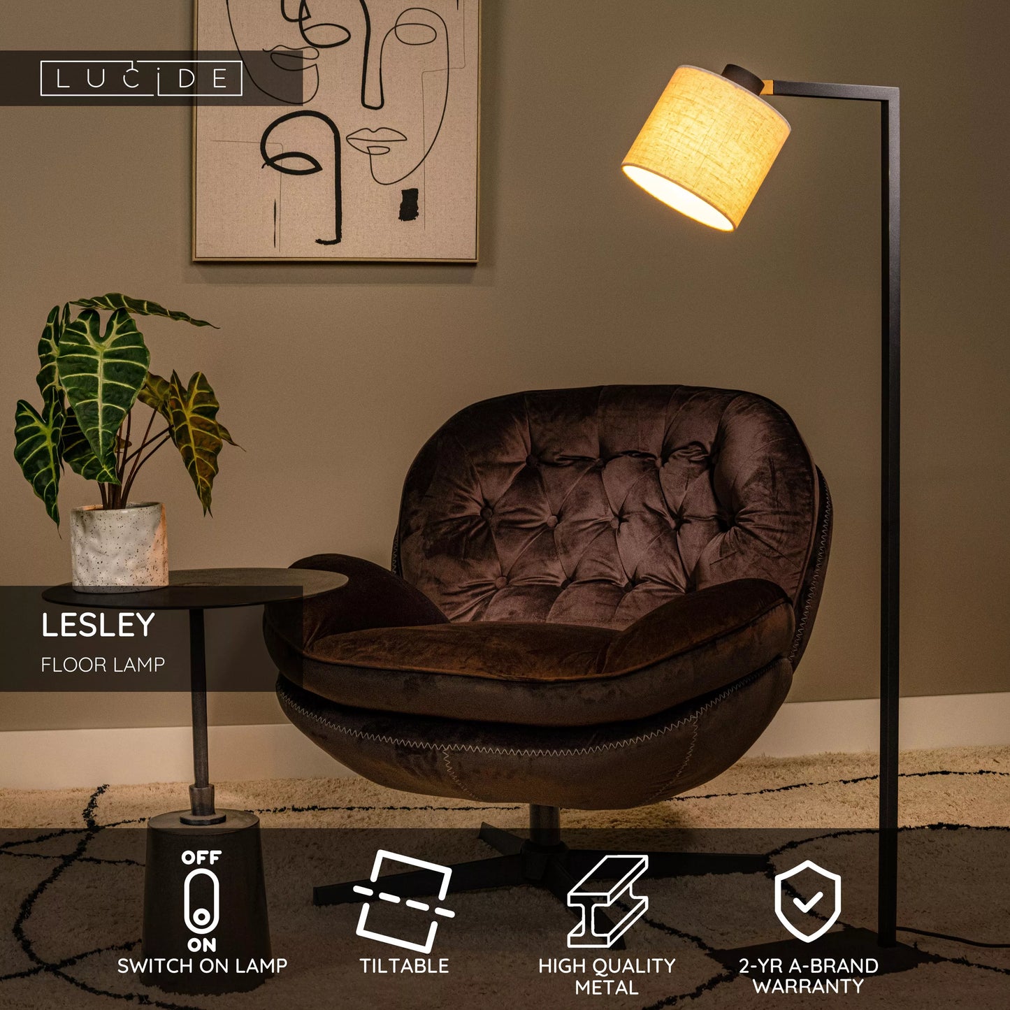 Lucide LESLEY - Floor lamp - 1xE27 - Black