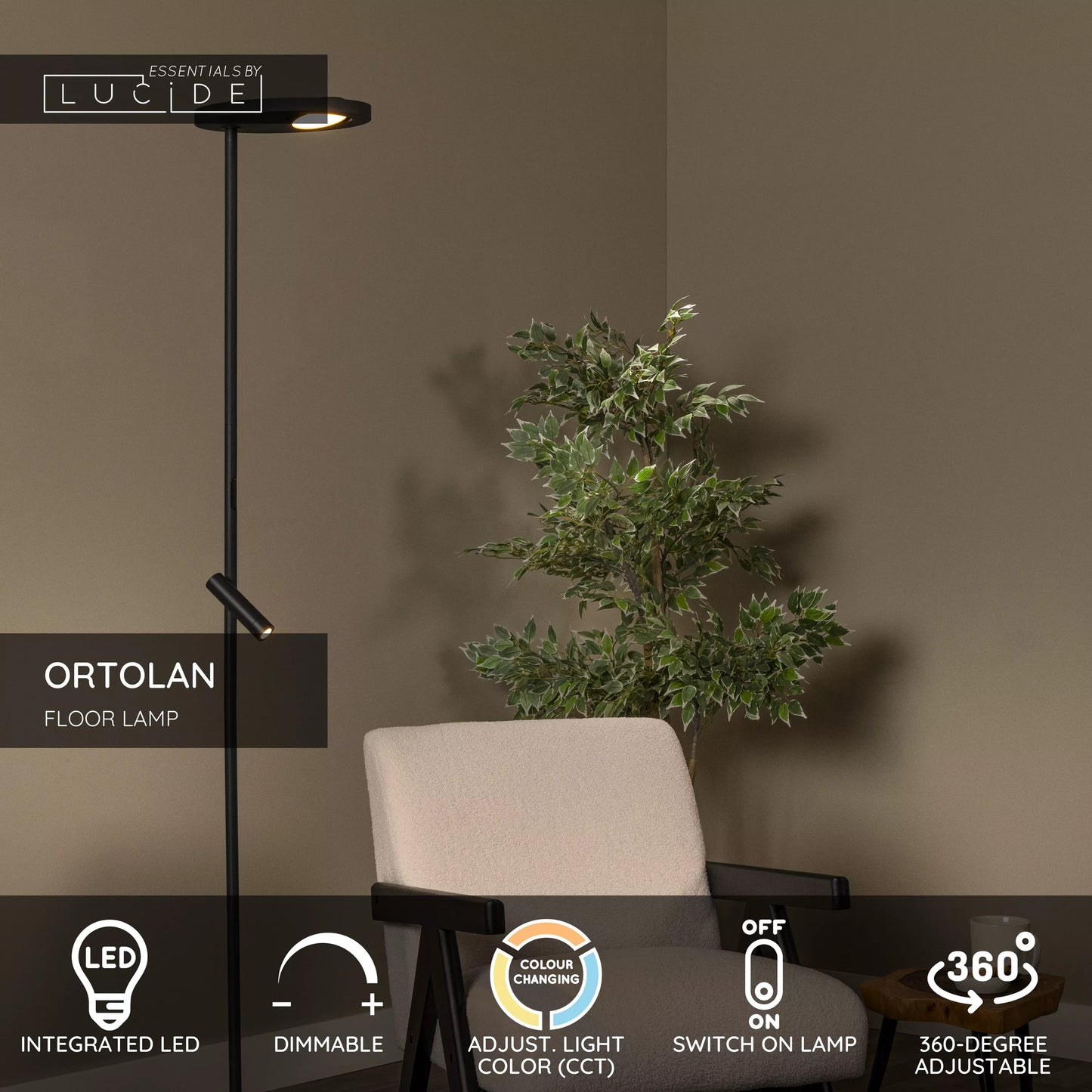 Lucide ORTOLAN - Floor lamp - LED Dim. - CCT - 2700K/4000K - Black | Essential
