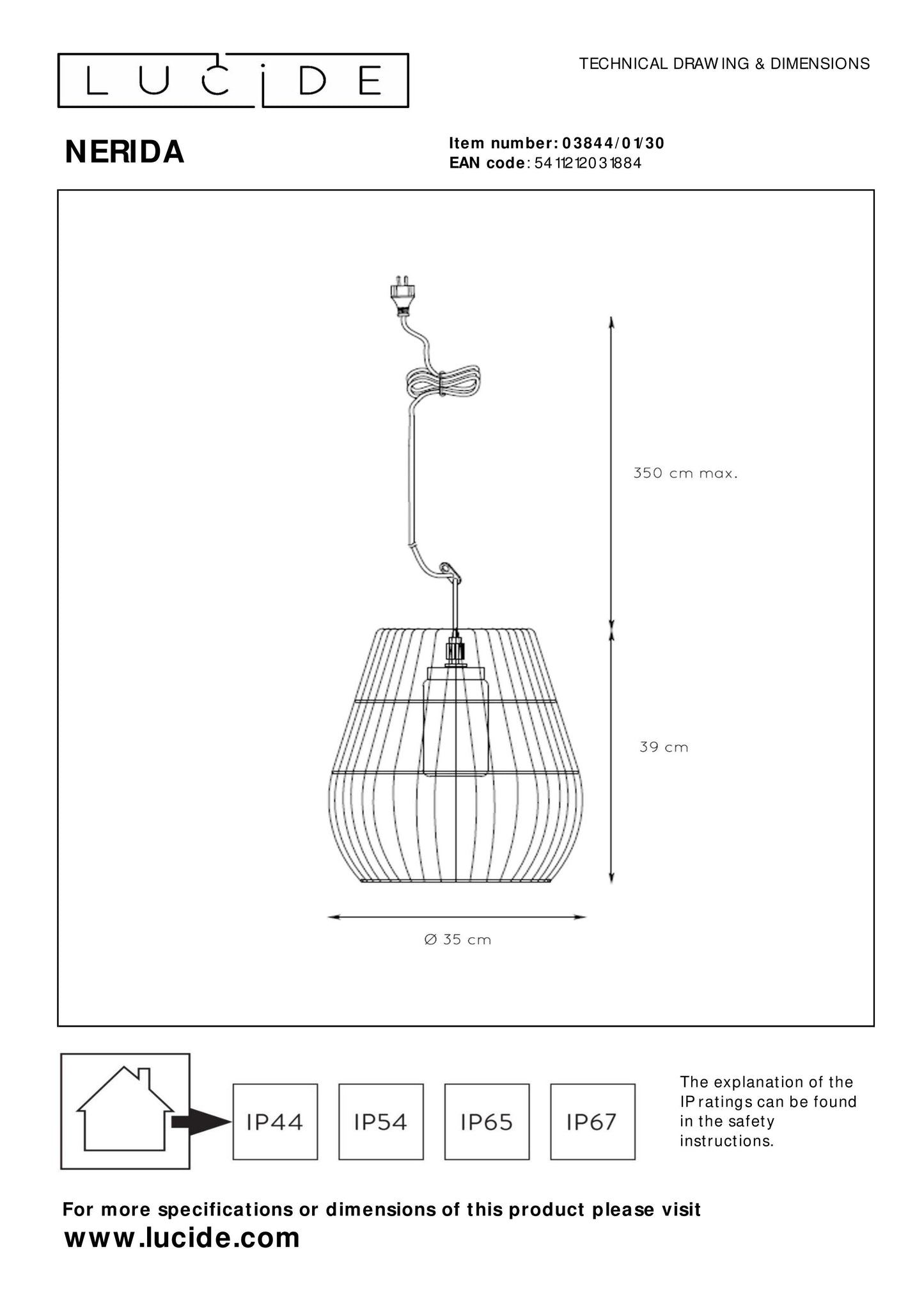 Lucide NERIDA - Pendant light Indoor/Outdoor - Ø 35 cm - 1xE27 - IP44 - Black