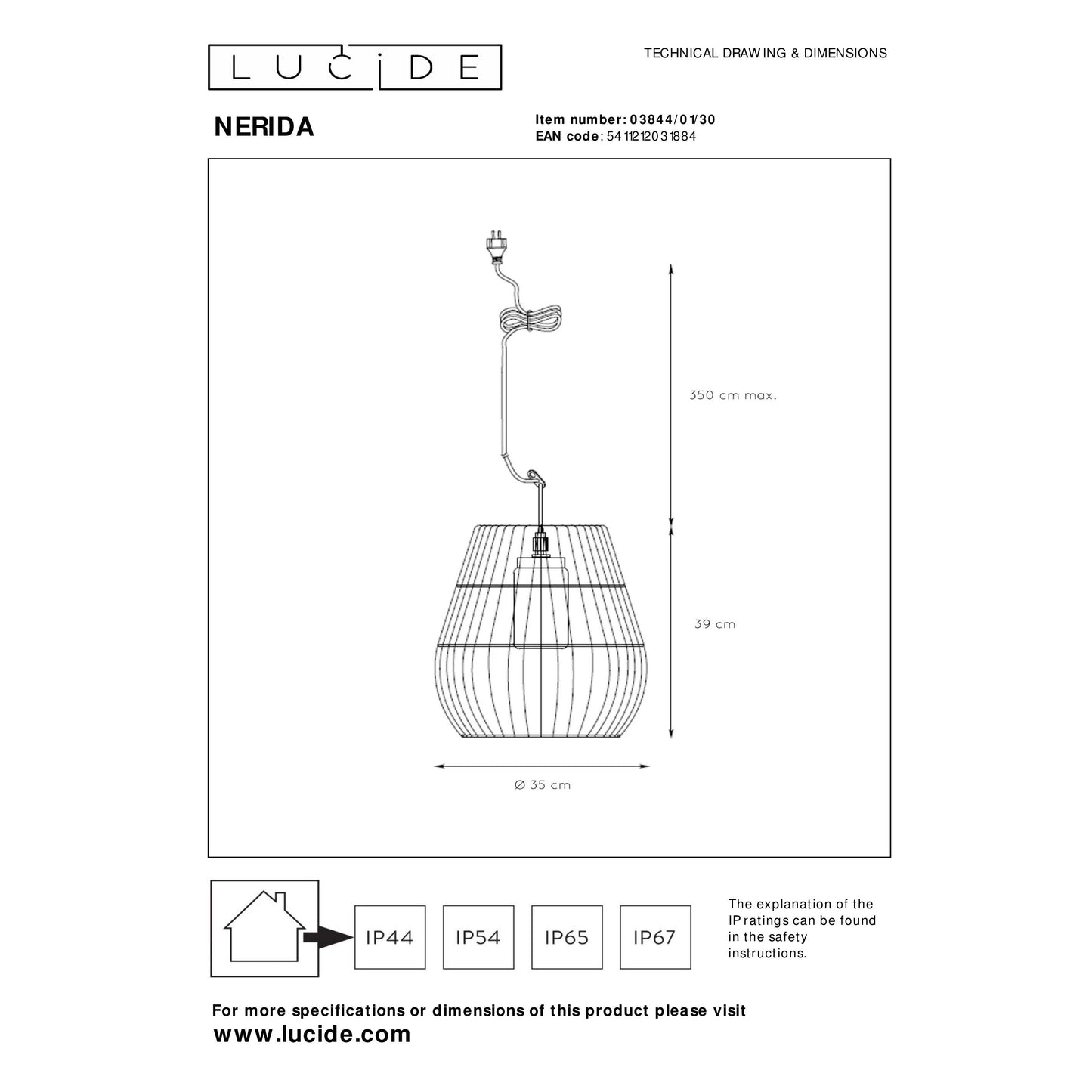 Lucide NERIDA - Pendant light Indoor/Outdoor - Ø 35 cm - 1xE27 - IP44 - Black