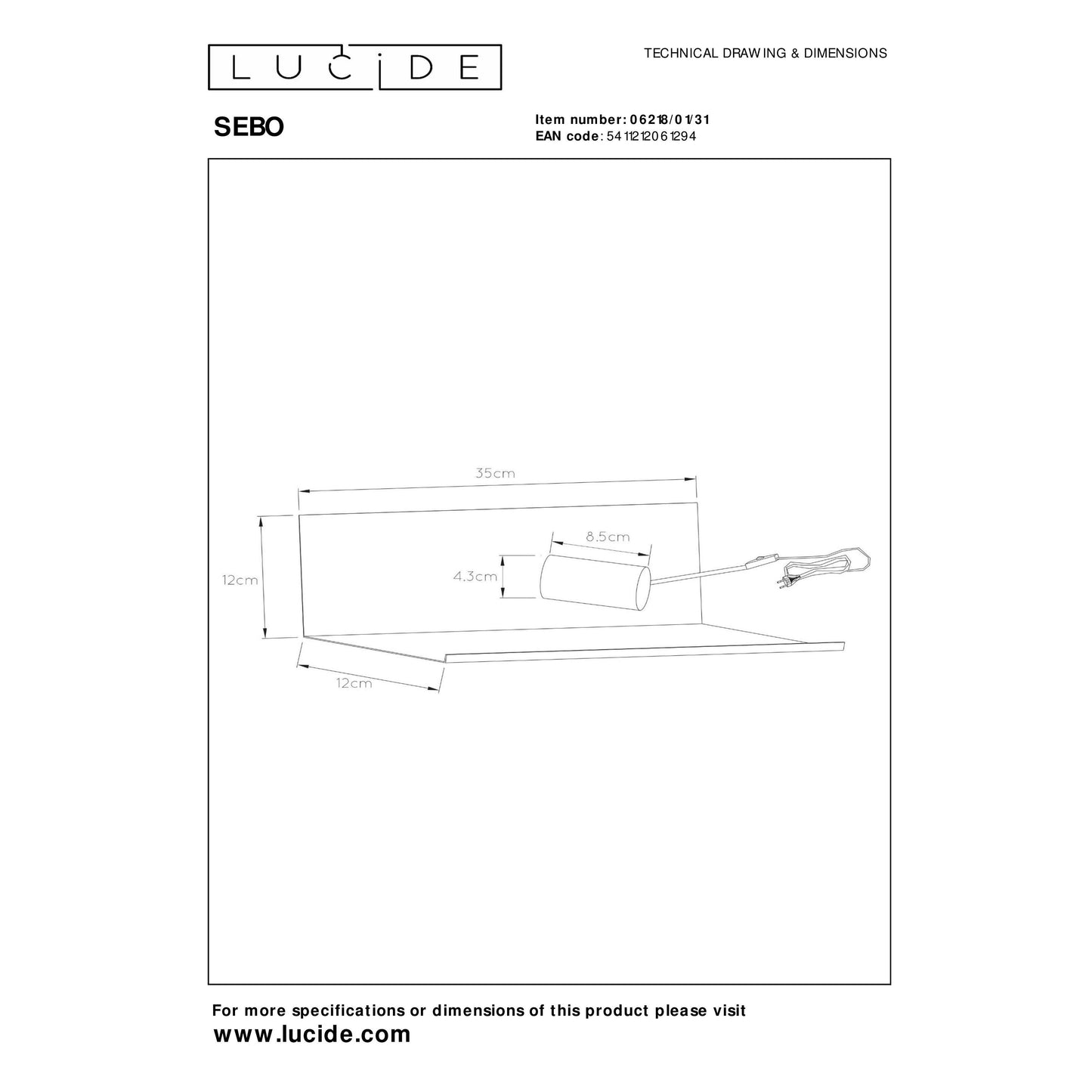 Lucide SEBO - Bedside lamp / Wall light - 1xE27 - White