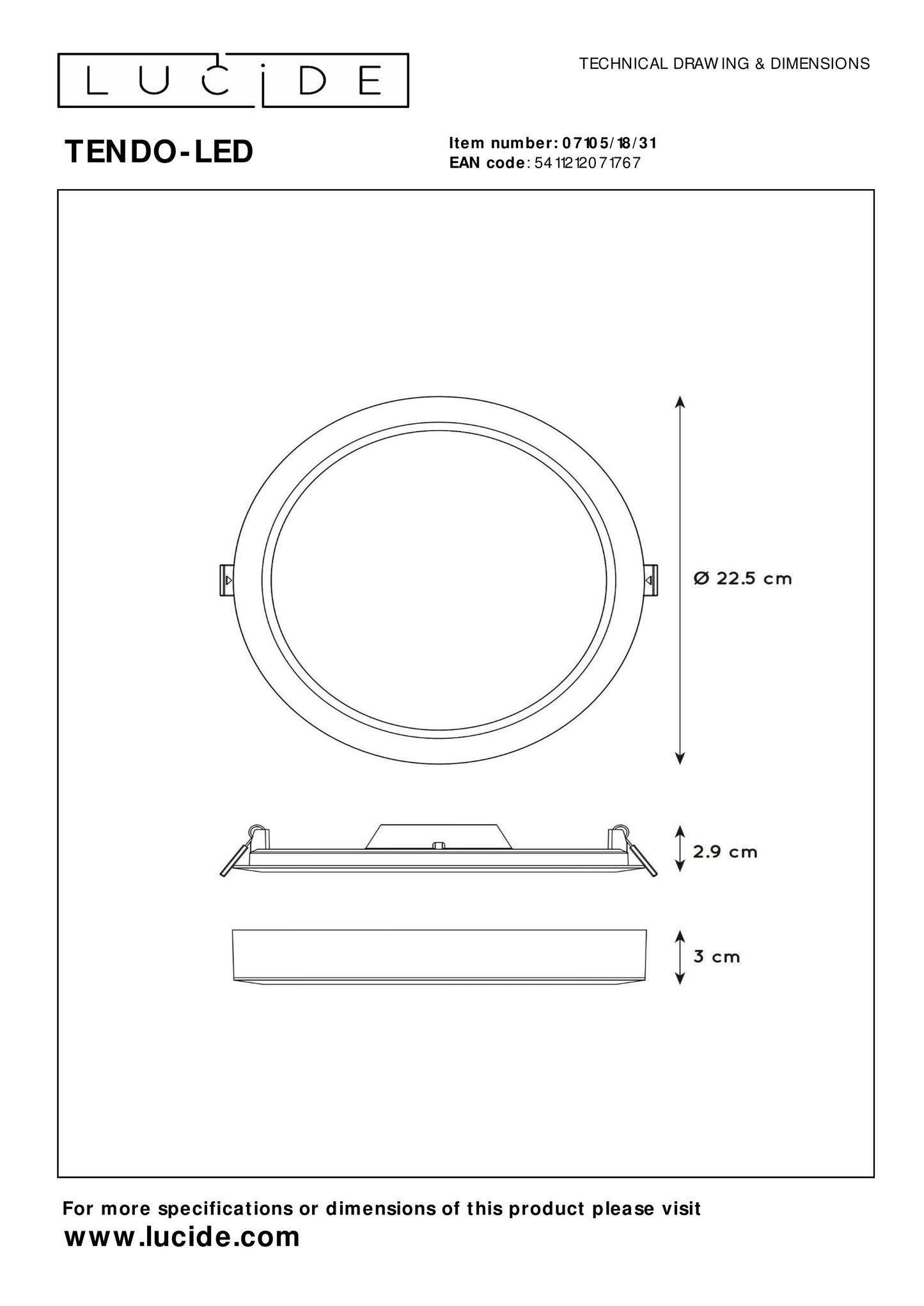 Lucide TENDO-LED - Flush ceiling light - Ø 22 cm - LED - 1x18W 3000K - White